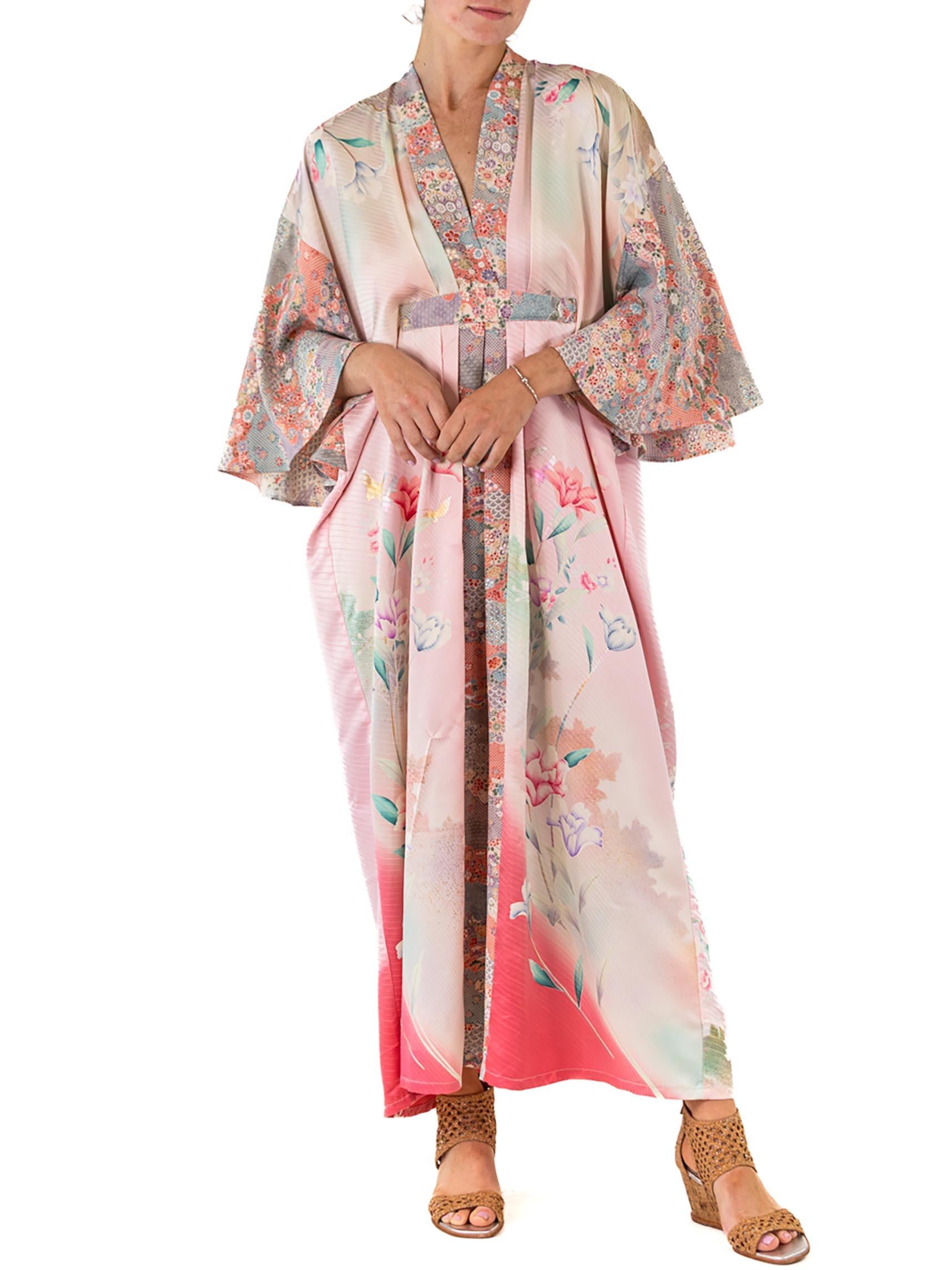 MORPHEW COLLECTION Mixed Pastels Floral Print Japanese Kimono Silk Pleate Kaftan For Sale 2