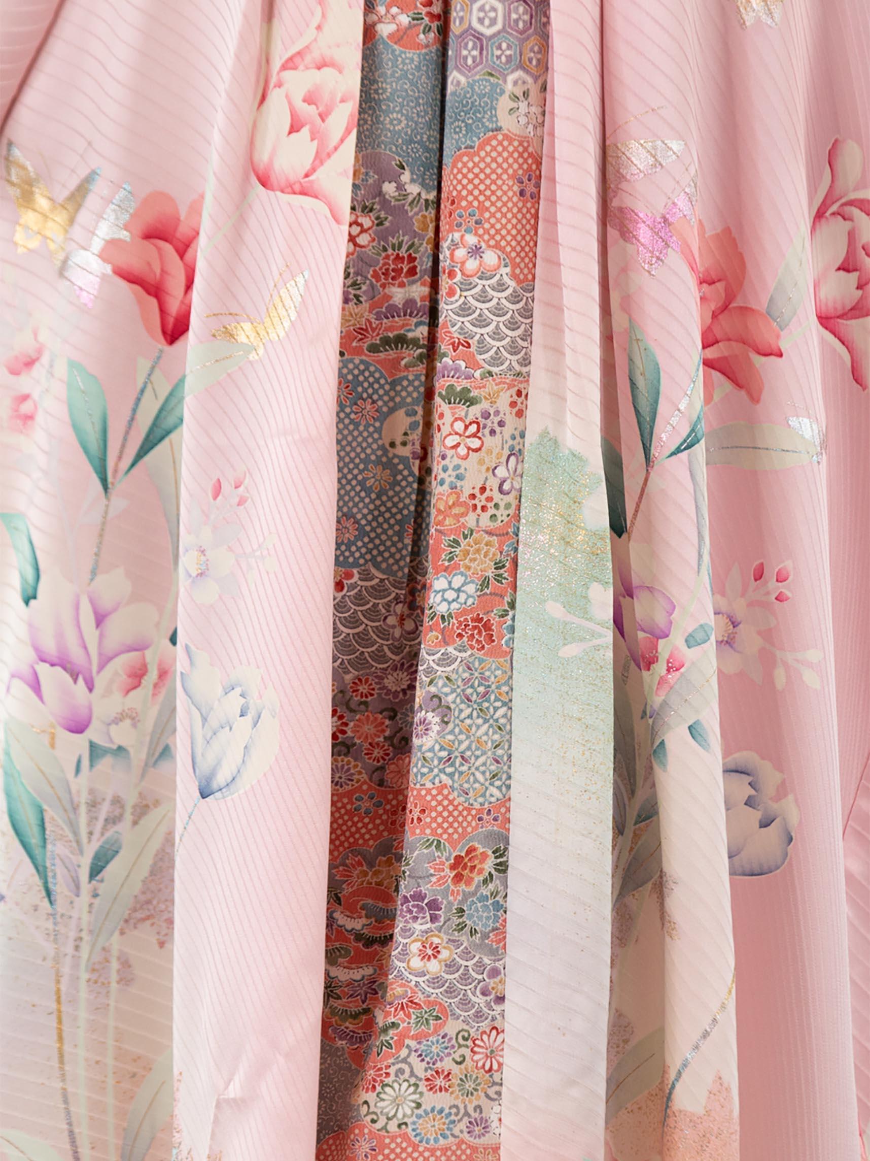 MORPHEW COLLECTION Mixed Pastels Floral Print Japanese Kimono Silk Pleate Kaftan For Sale 4