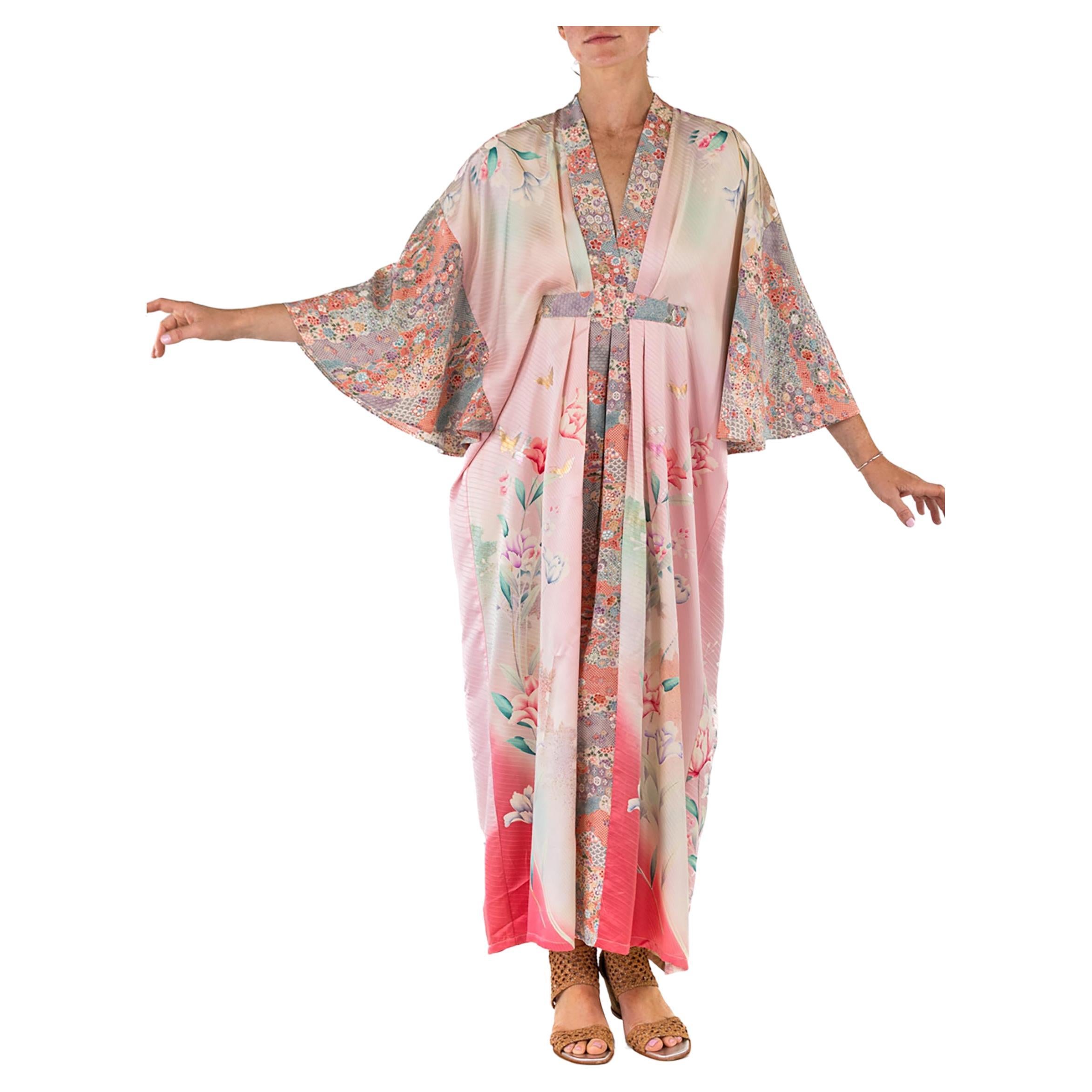MORPHEW COLLECTION Mixed Pastels Floral Print Japanese Kimono Silk Pleate Kaftan For Sale