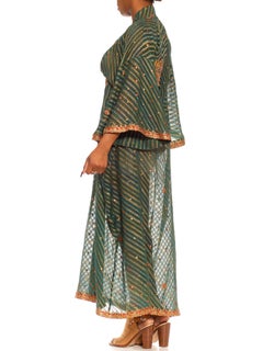 Morphew Collection Moss & Olive Green Silk Lamé Stripe Kaftan With Red Gold Tri
