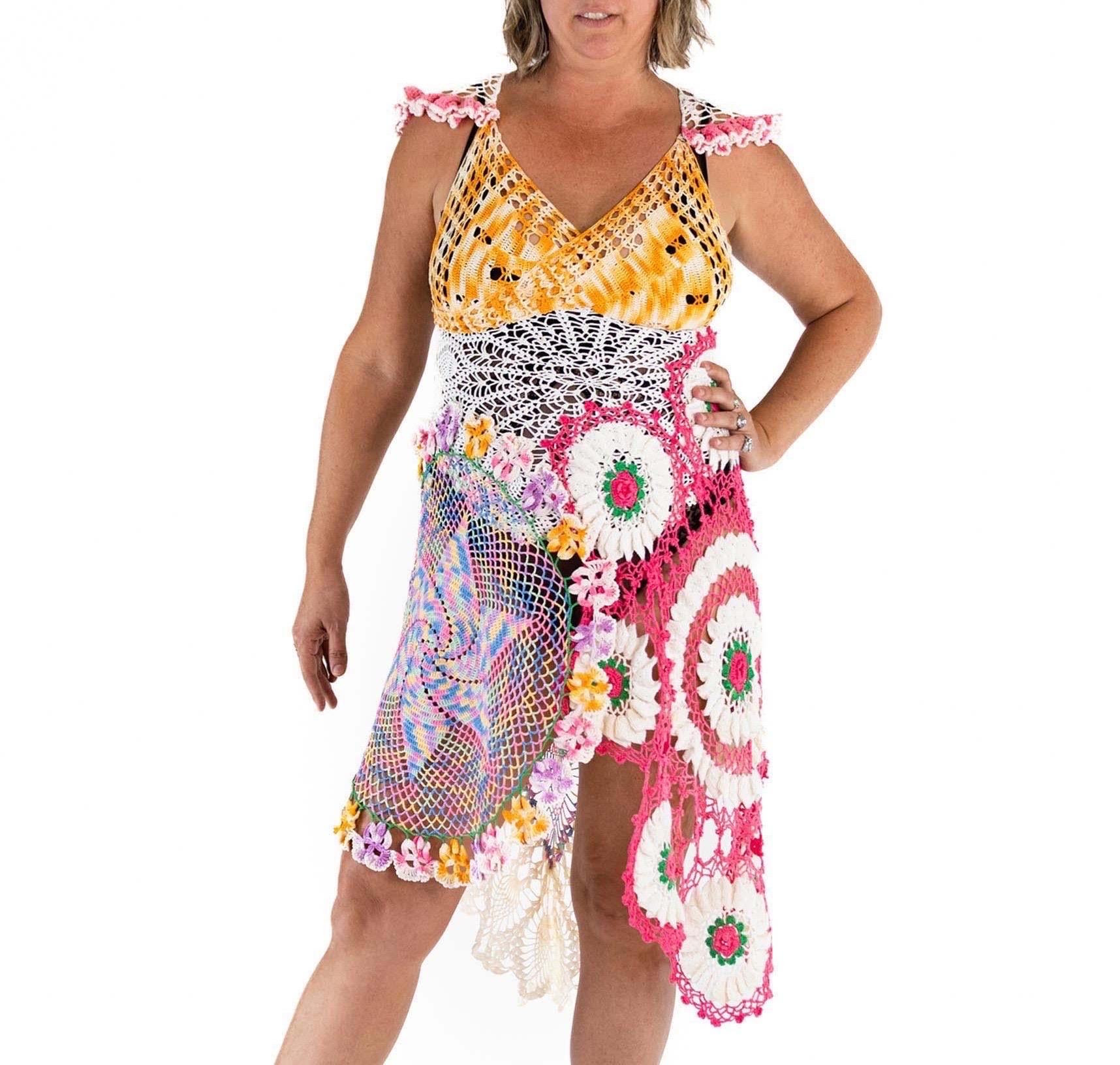 Morphew Collection Multicolor Cotton Crochet Long Vintage Doily Dress large For Sale 2