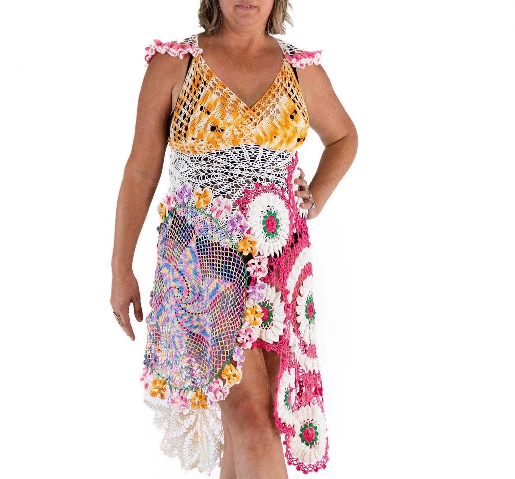 Morphew Collection Multicolor Cotton Crochet Long Vintage Doily Dress large For Sale 3