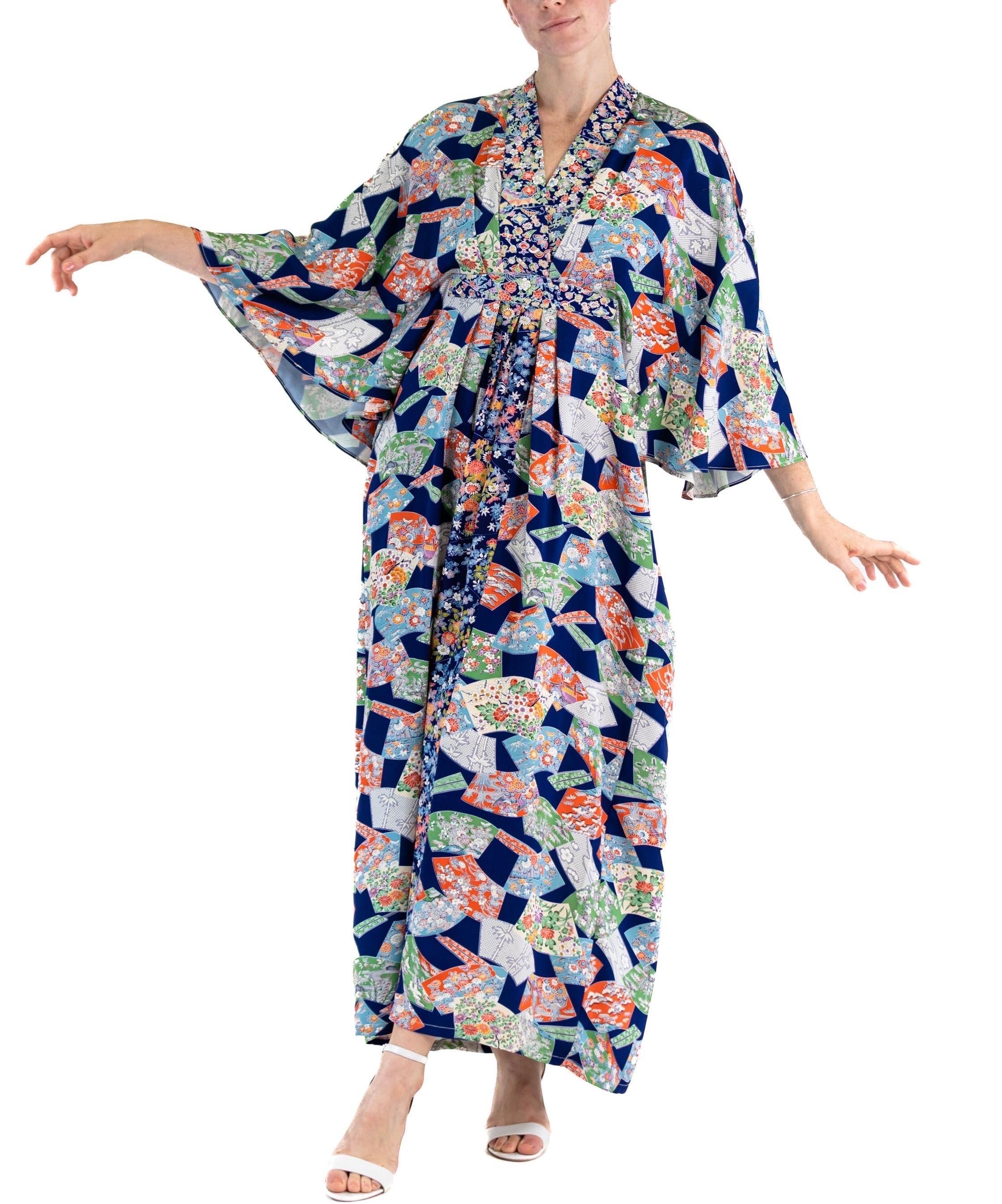 MORPHEW COLLECTION Multicolor Japanese Kimono Silk Mixed Blue Swatches Kaftan For Sale 1