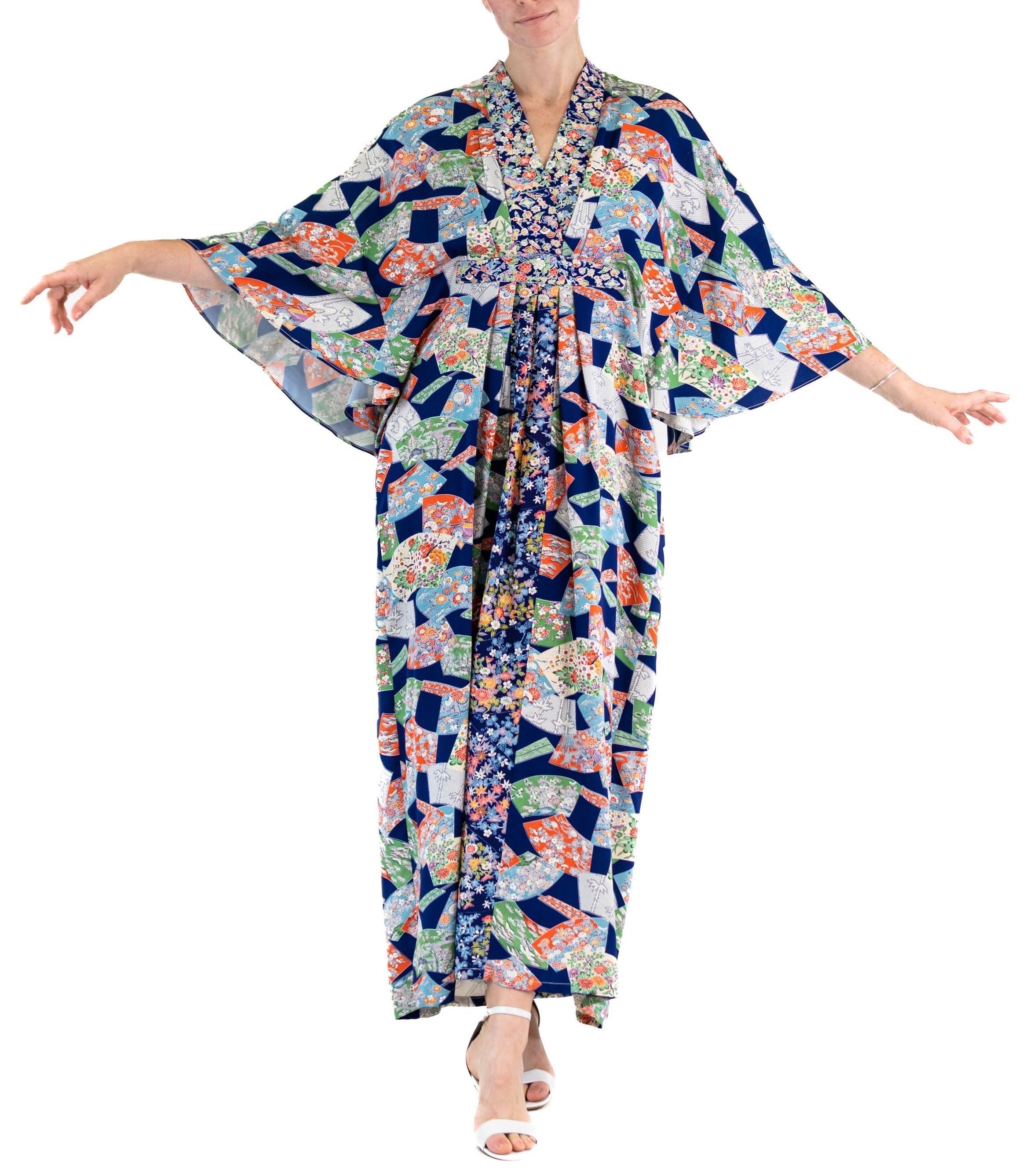 MORPHEW COLLECTION Multicolor Japanese Kimono Silk Mixed Blue Swatches Kaftan For Sale 3