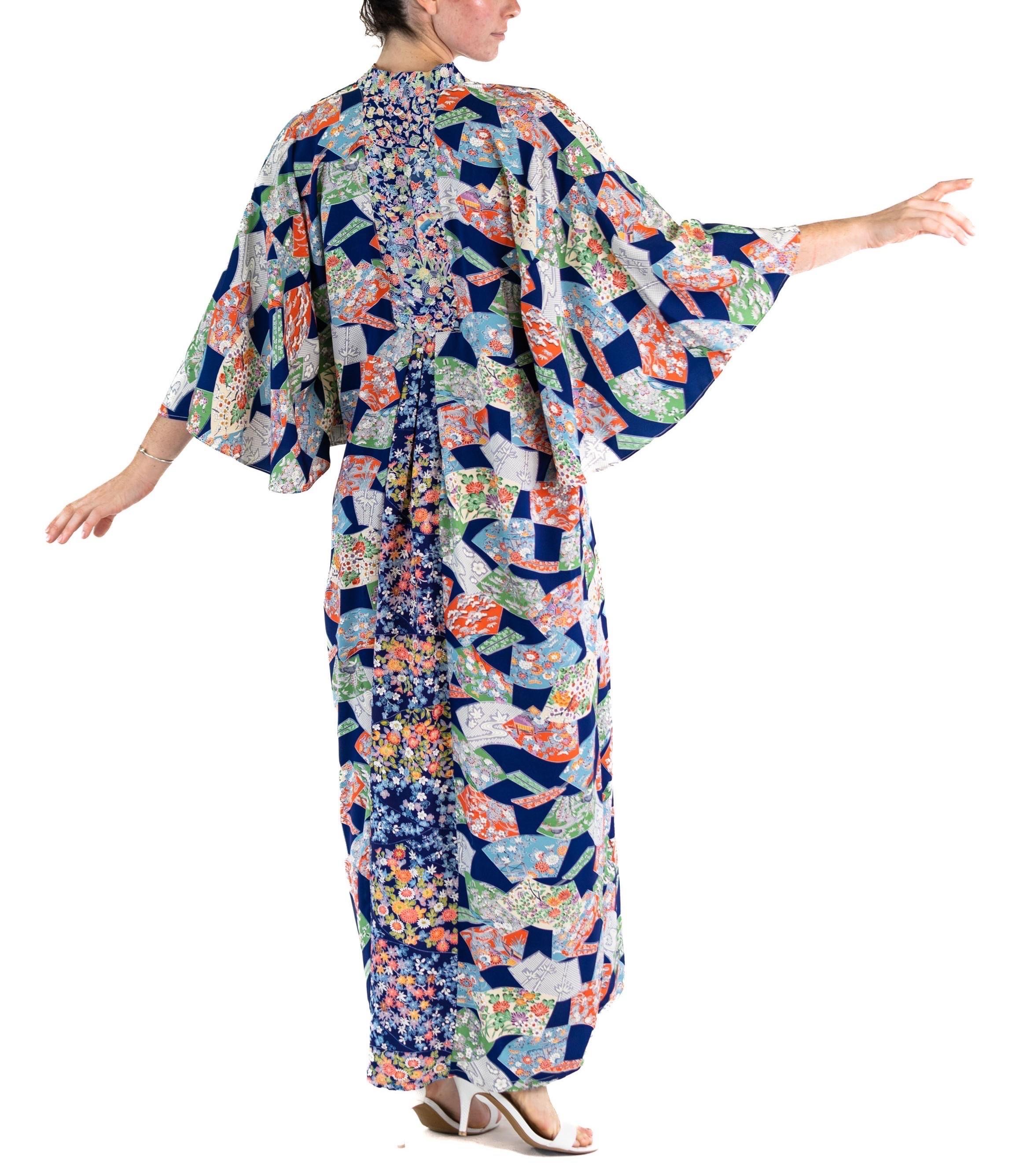 MORPHEW COLLECTION Multicolor Japanese Kimono Silk Mixed Blue Swatches Kaftan For Sale 4
