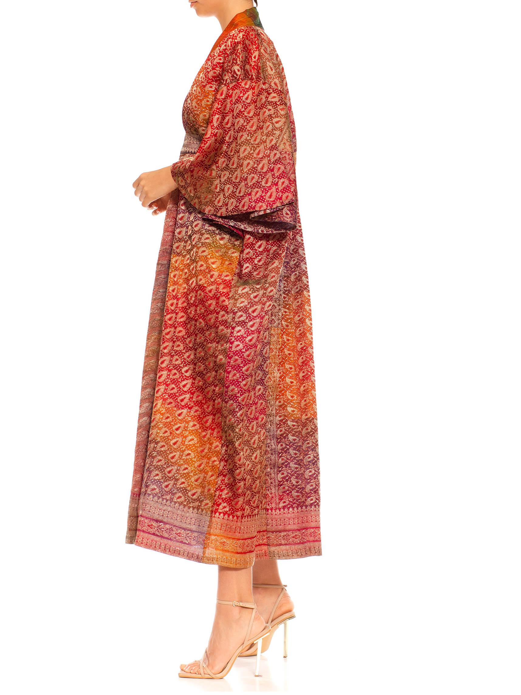 MORPHEW COLLECTION Multicolor Metallic Gold Silk Kaftan With Leaf Print Made From Vintage Saris
MORPHEW COLLECTION is made entirely by hand in our NYC Ateliér of rare antique materials sourced from around the globe. Our sustainable vintage materials