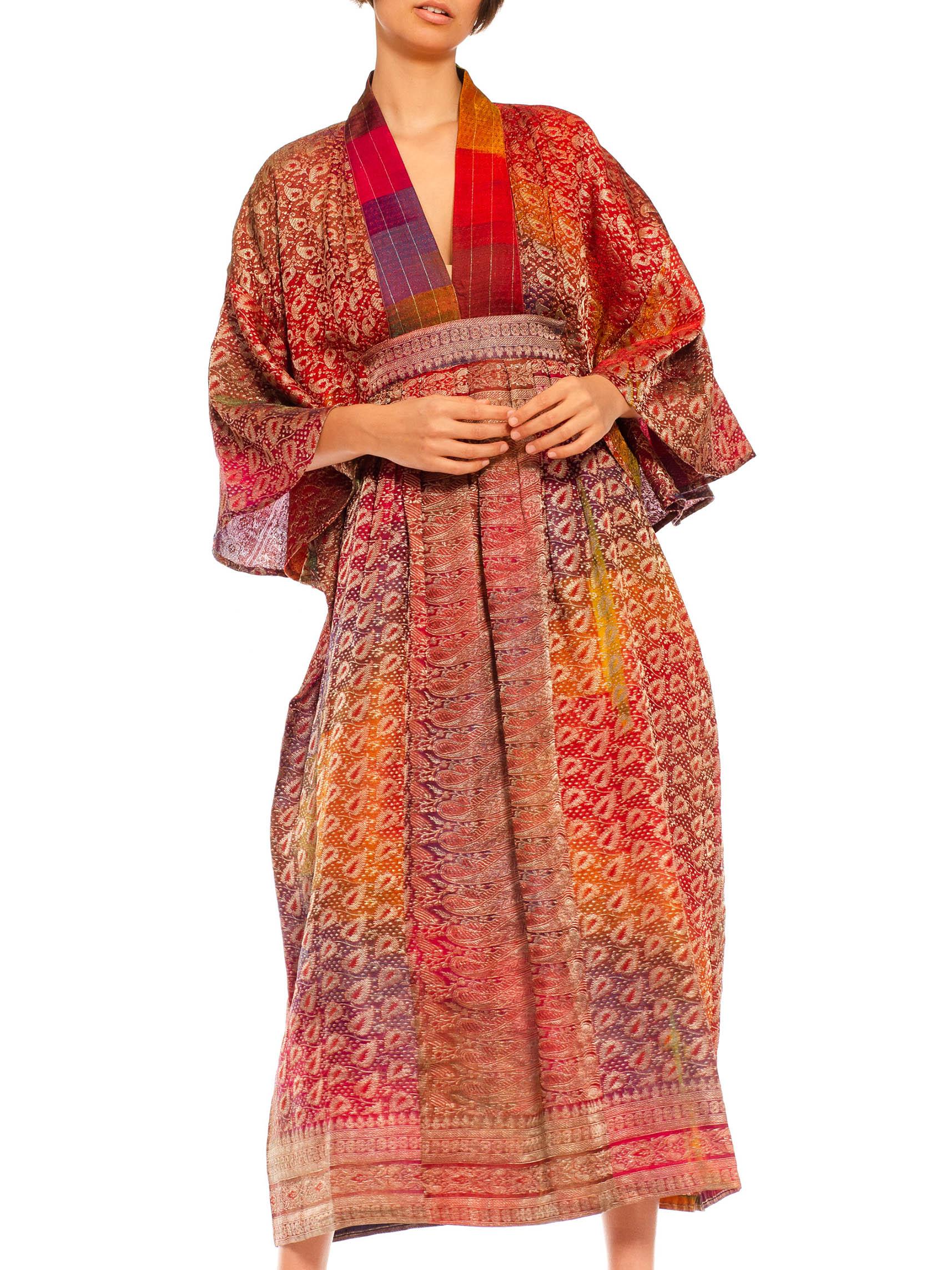 Women's MORPHEW COLLECTION Multicolor Metallic Gold Silk Kaftan With Leaf Print Made Fr For Sale