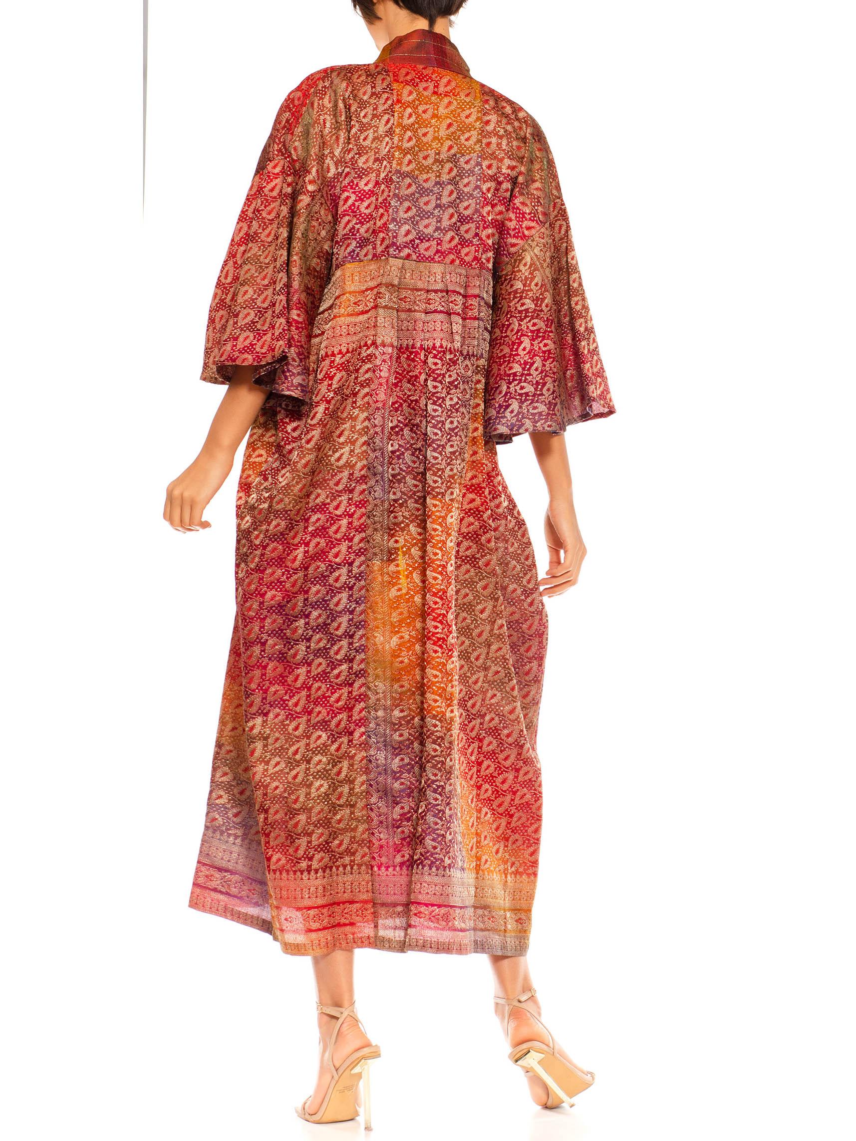 MORPHEW COLLECTION Multicolor Metallic Gold Silk Kaftan With Leaf Print Made Fr For Sale 2