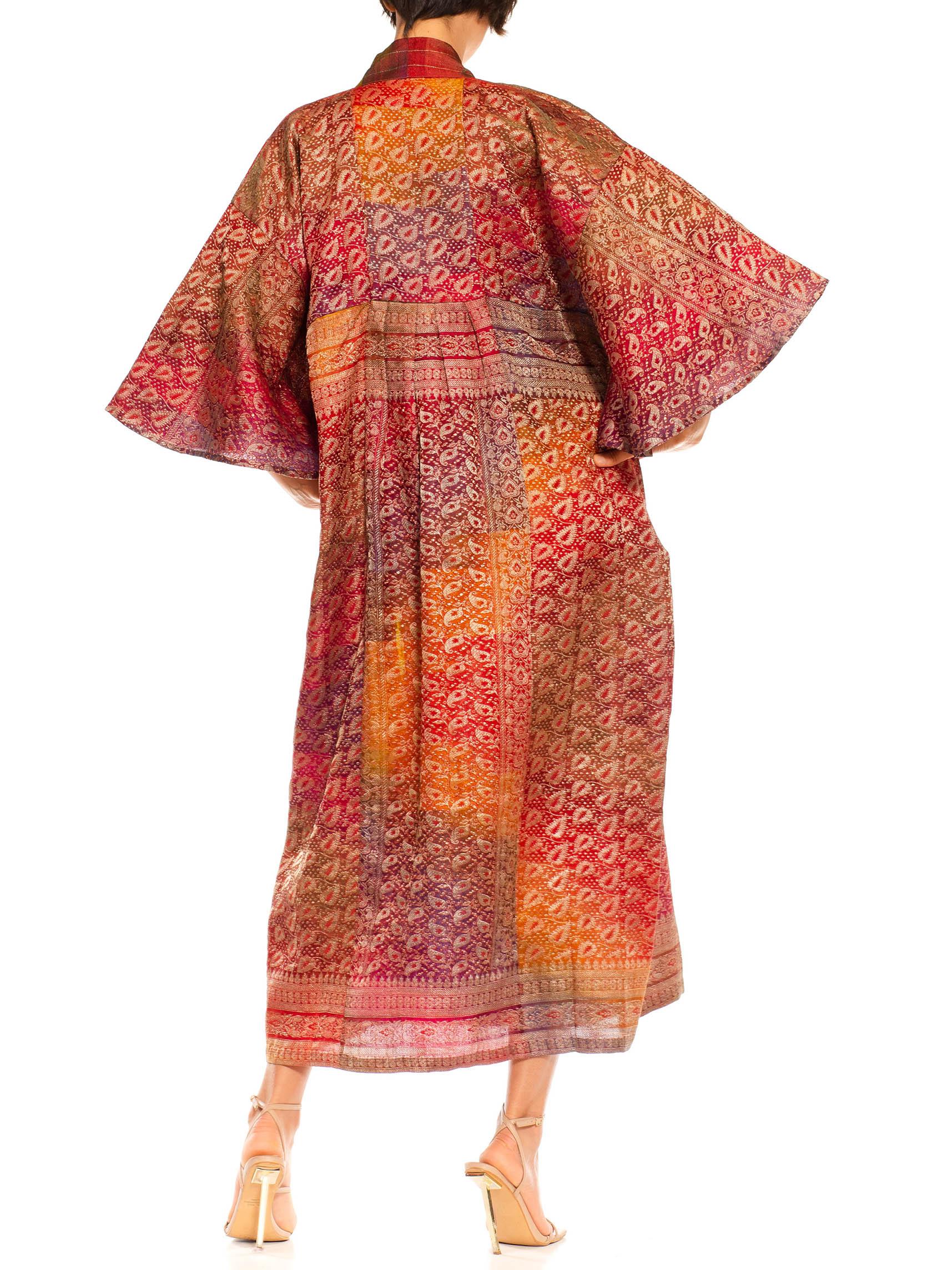 MORPHEW COLLECTION Multicolor Metallic Gold Silk Kaftan With Leaf Print Made Fr For Sale 3