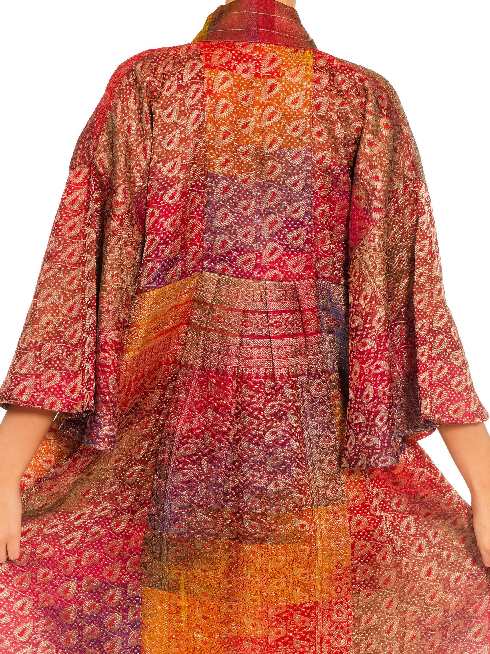 MORPHEW COLLECTION Multicolor Metallic Gold Silk Kaftan With Leaf Print Made Fr For Sale 4