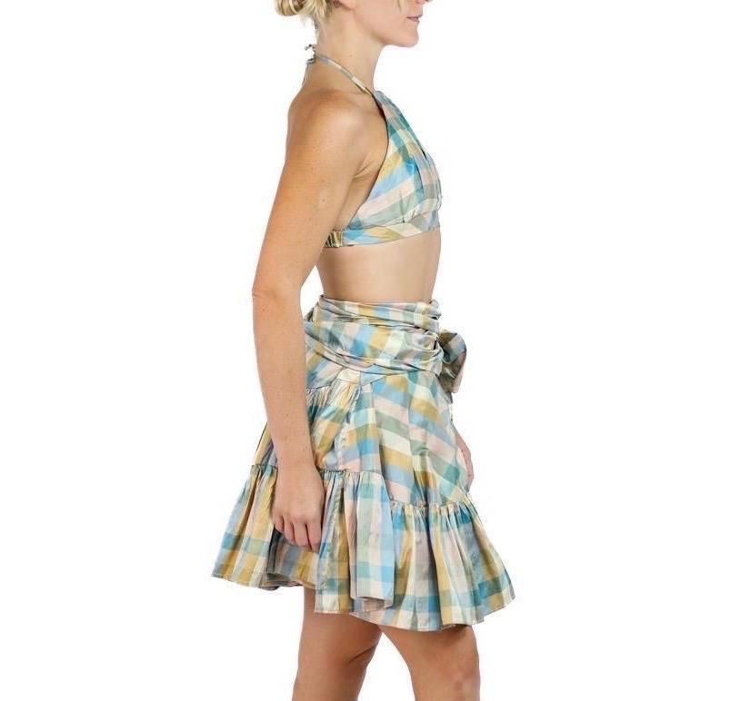 Morphew Collection Multicolored Silk Taffeta Plaid Halter Top In Excellent Condition For Sale In New York, NY