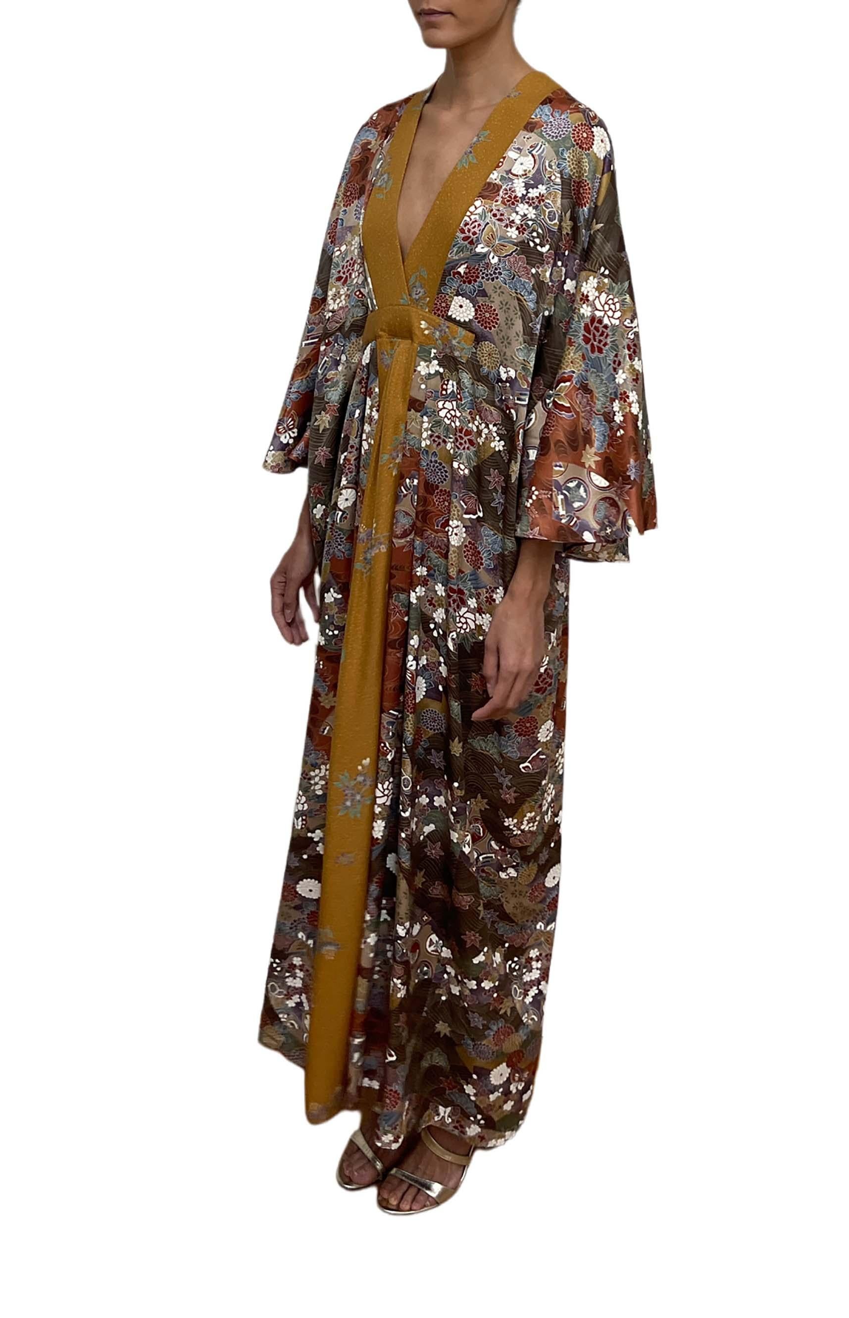 MORPHEW COLLECTION Mustard, Burgundy & Grey Floral Japanese Kimono Silk Kaftan In Excellent Condition For Sale In New York, NY