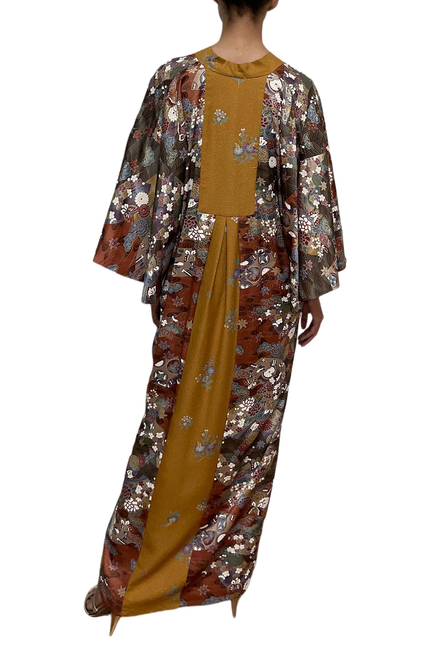 Women's MORPHEW COLLECTION Mustard, Burgundy & Grey Floral Japanese Kimono Silk Kaftan For Sale