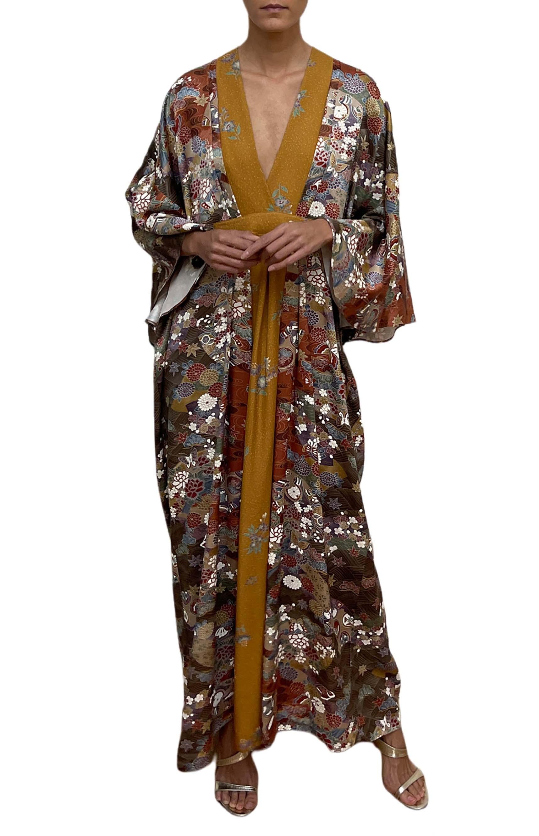 MORPHEW COLLECTION Mustard, Burgundy & Grey Floral Japanese Kimono Silk Kaftan For Sale 2