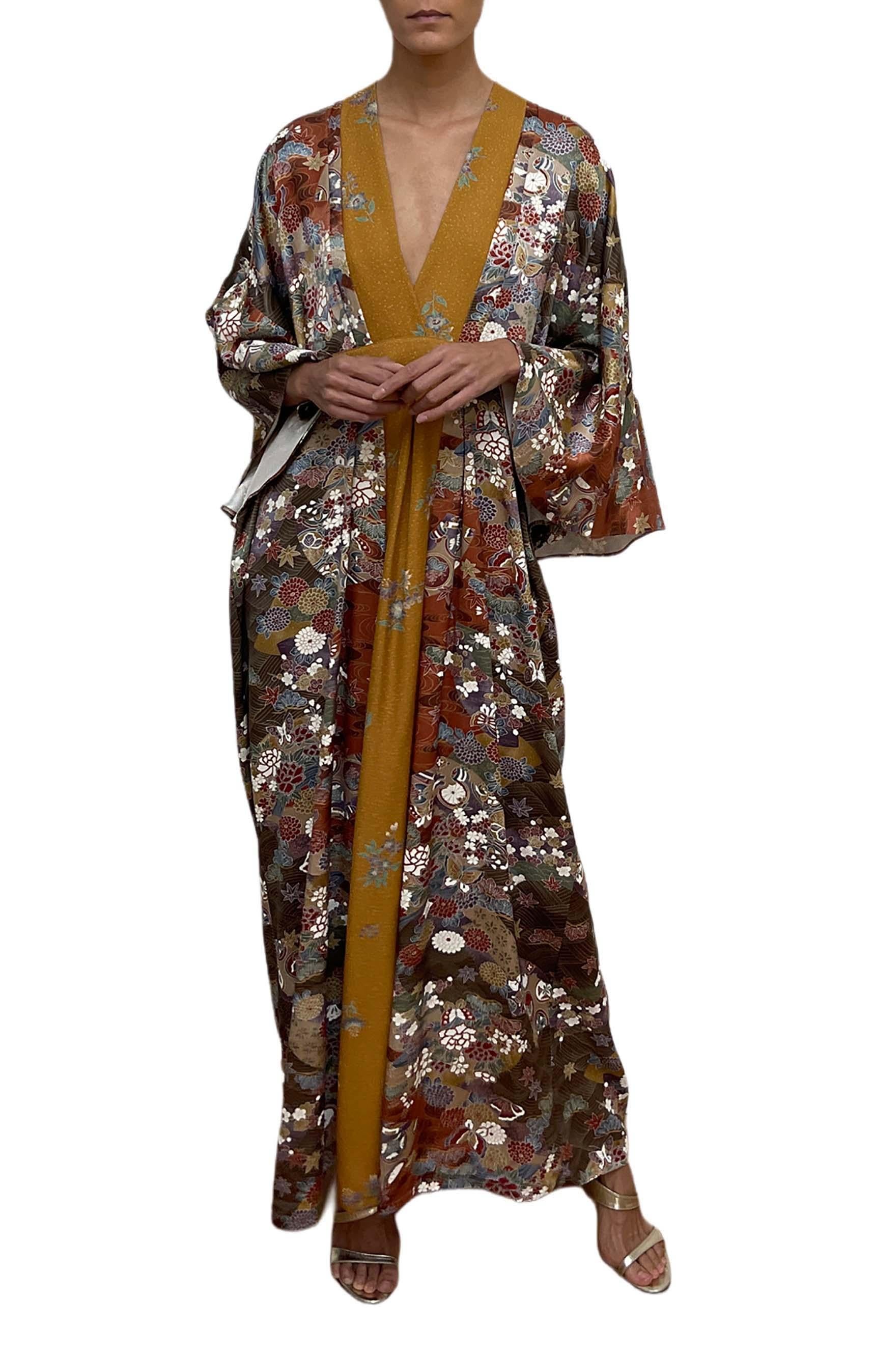 MORPHEW COLLECTION Mustard, Burgundy & Grey Floral Japanese Kimono Silk Kaftan For Sale 3