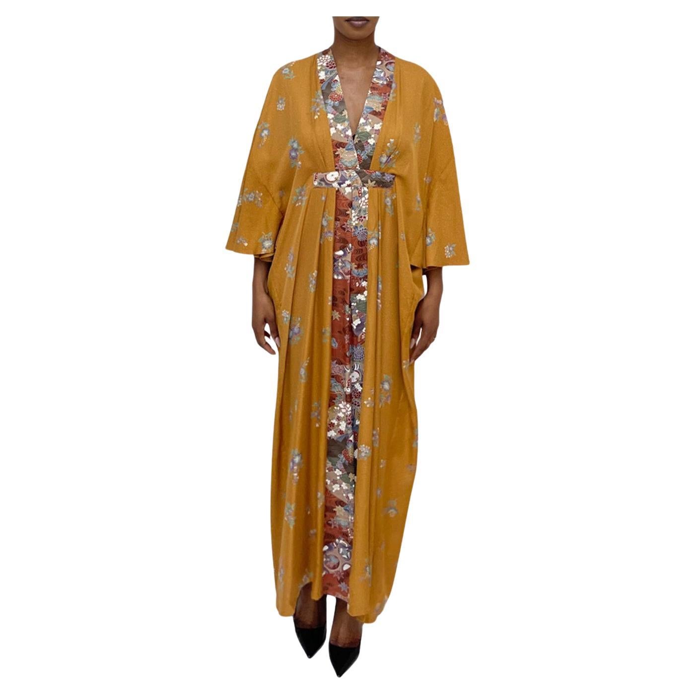 MORPHEW COLLECTION Mustard, Green & Burgundy Floral Japanese Kimono Silk Kaftan For Sale