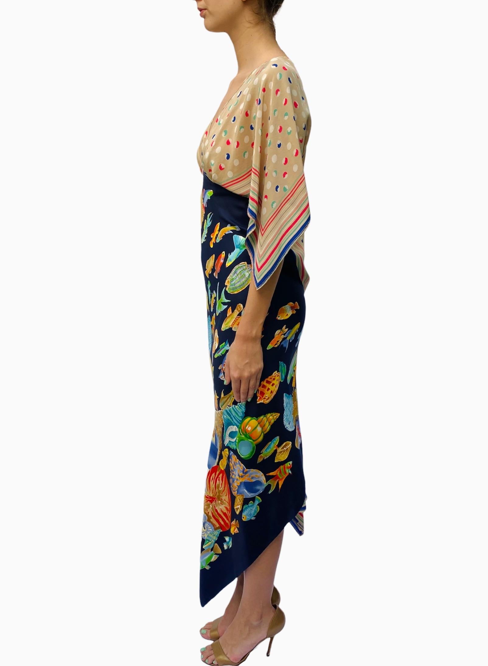 Brown Morphew Collection Navy Blue & Beige Silk Sea Life Print 2-Scarf Dress Made Fro For Sale