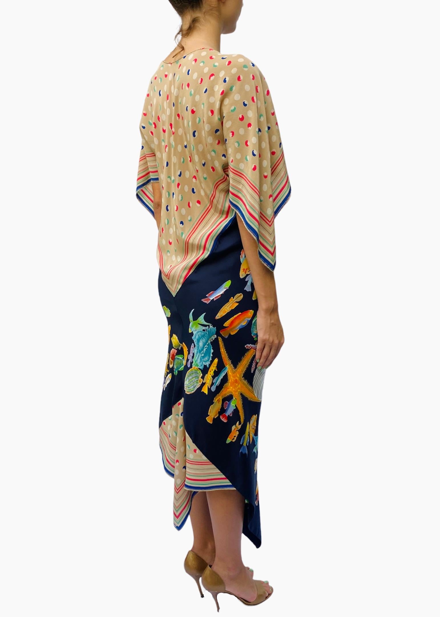 Morphew Collection Navy Blue & Beige Silk Sea Life Print 2-Scarf Dress Made Fro For Sale 1