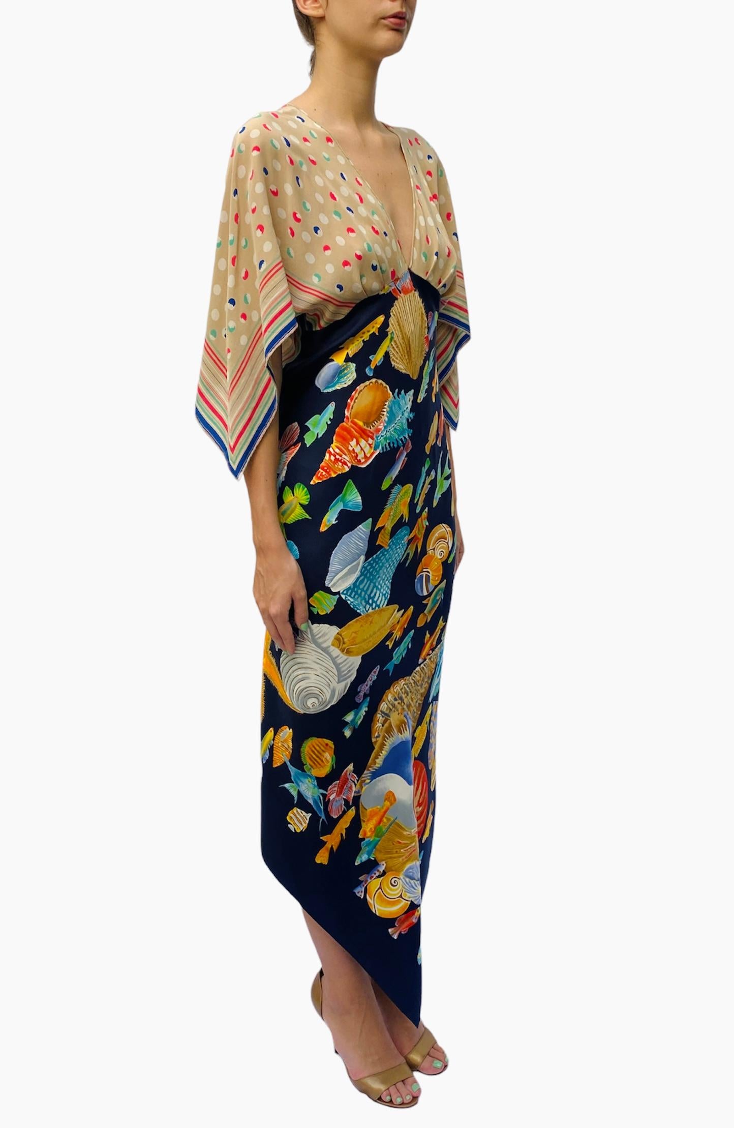 Morphew Collection Navy Blue & Beige Silk Sea Life Print 2-Scarf Dress Made Fro For Sale 3