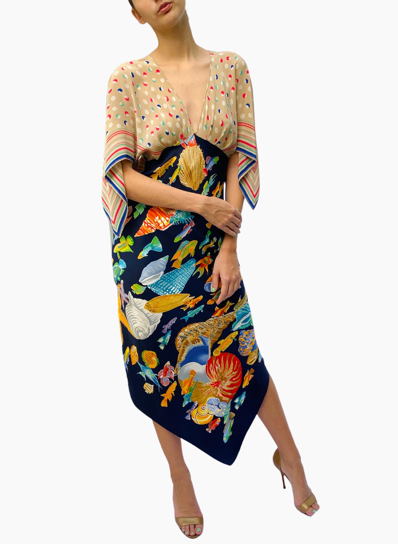 Morphew Collection Navy Blue & Beige Silk Sea Life Print 2-Scarf Dress Made Fro For Sale 4
