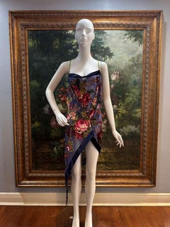 MORPHEW COLLECTION Navy Blue Floral Burnout Velvet Cocktail Dress with Fringe