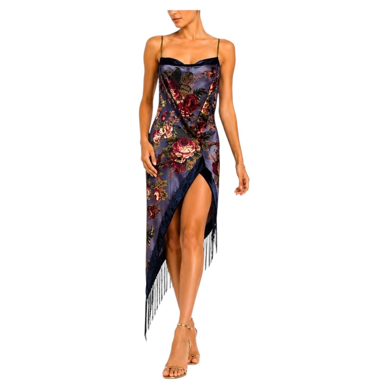 MORPHEW COLLECTION Navy Blue Floral Burnout Velvet Cocktail Dress with Fringe