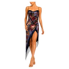 MORPHEW COLLECTION Navy Blue Floral Burnout Velvet Cocktail Dress with Fringe