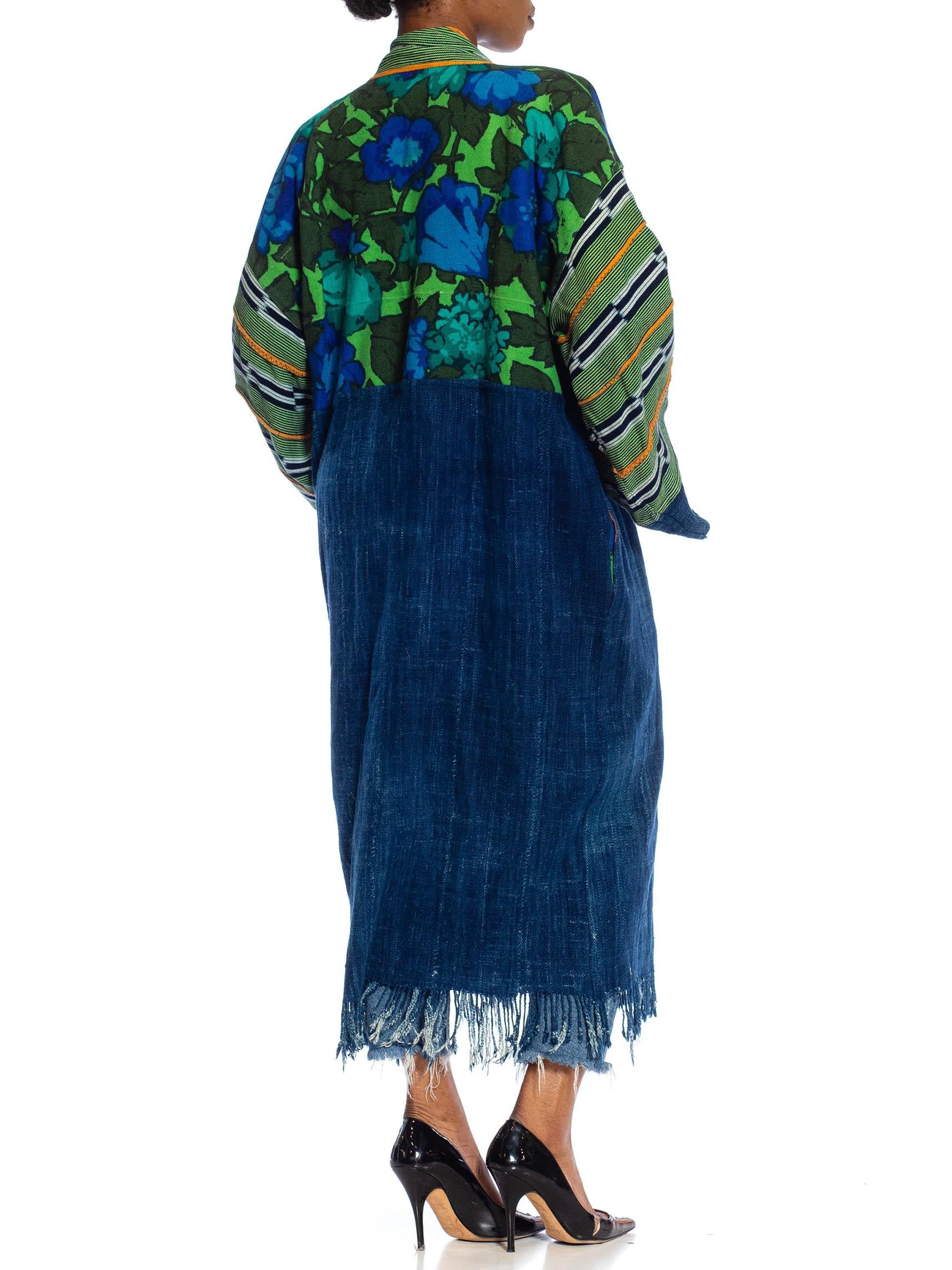 MORPHEW COLLECTION Navy Blue & Green African Cotton Vintage 1960S Floral Duster 5