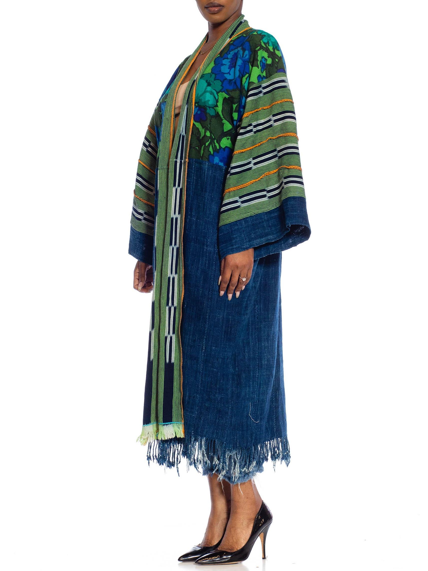 Black MORPHEW COLLECTION Navy Blue & Green African Cotton Vintage 1960S Floral Duster
