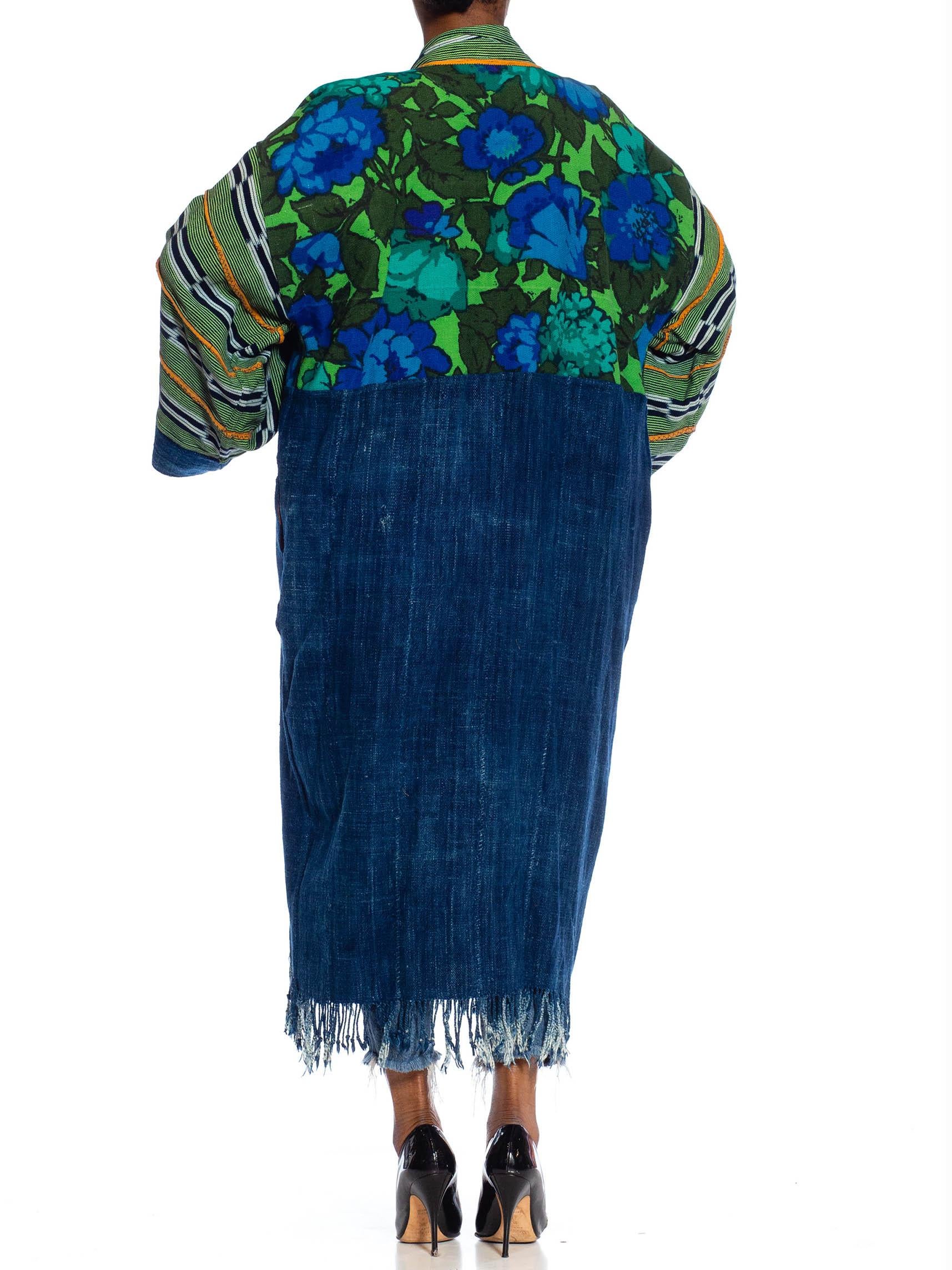 MORPHEW COLLECTION Navy Blue & Green African Cotton Vintage 1960S Floral Duster In Excellent Condition In New York, NY