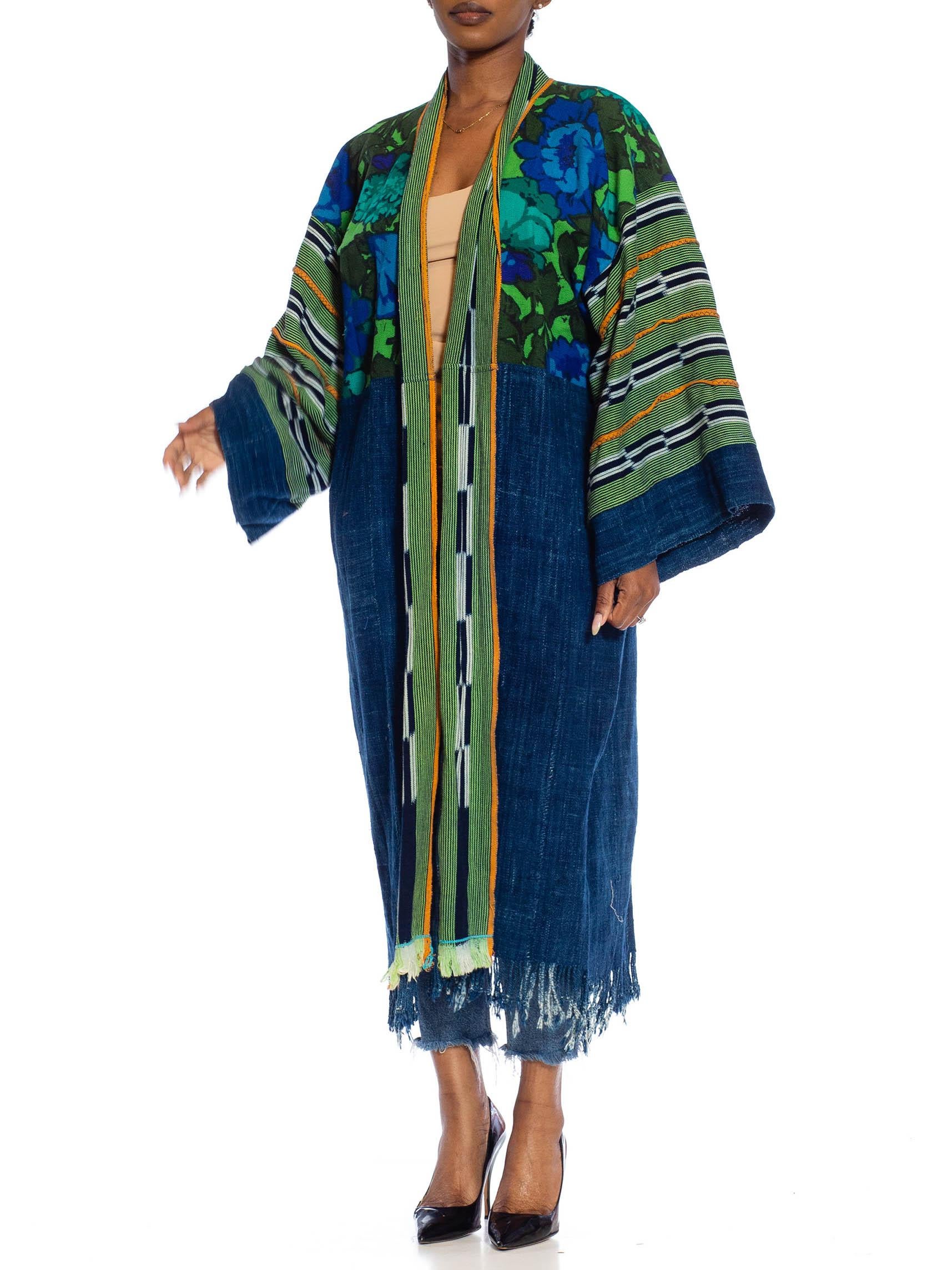 Women's or Men's MORPHEW COLLECTION Navy Blue & Green African Cotton Vintage 1960S Floral Duster