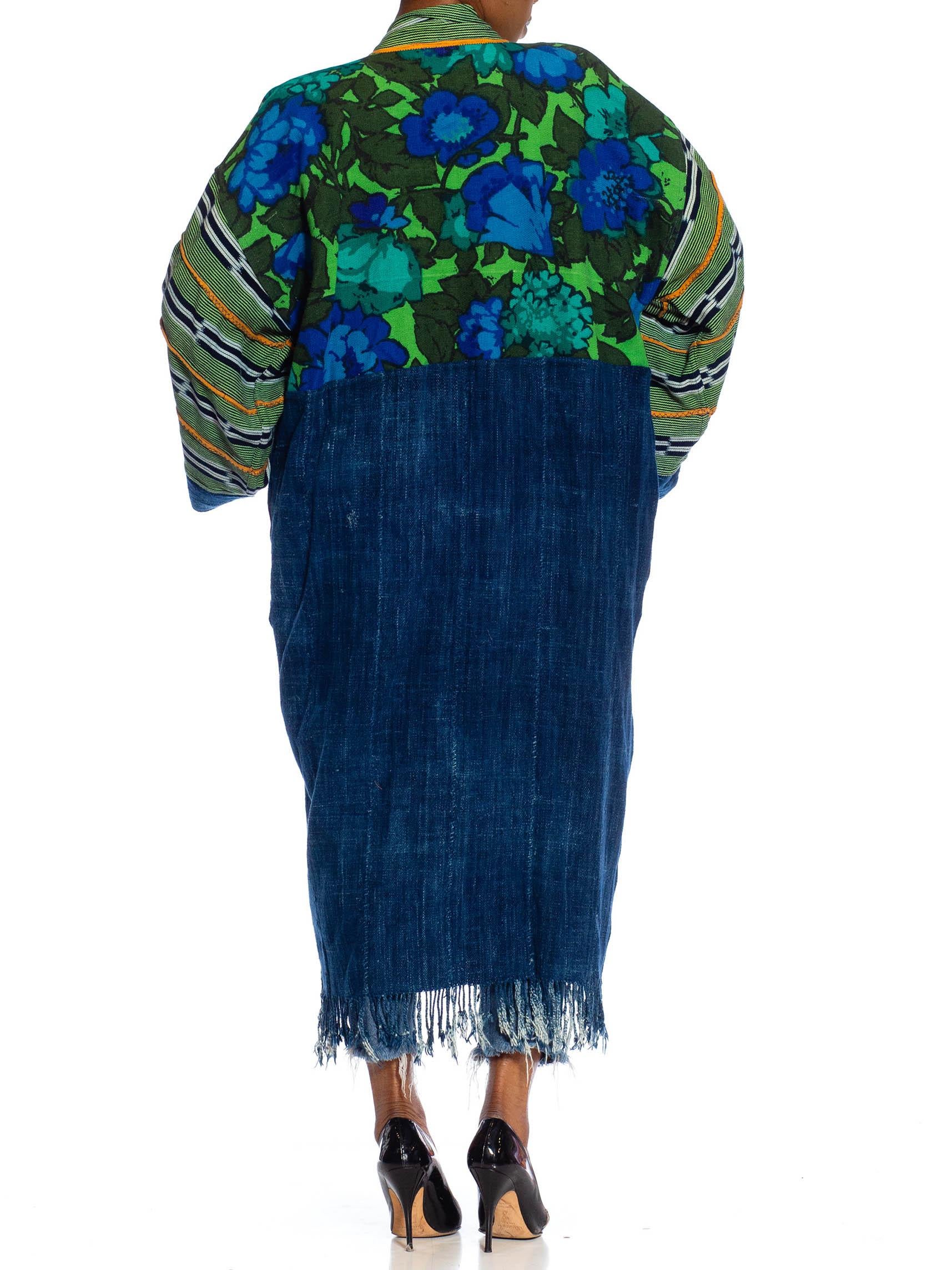 MORPHEW COLLECTION Navy Blue & Green African Cotton Vintage 1960S Floral Duster 1