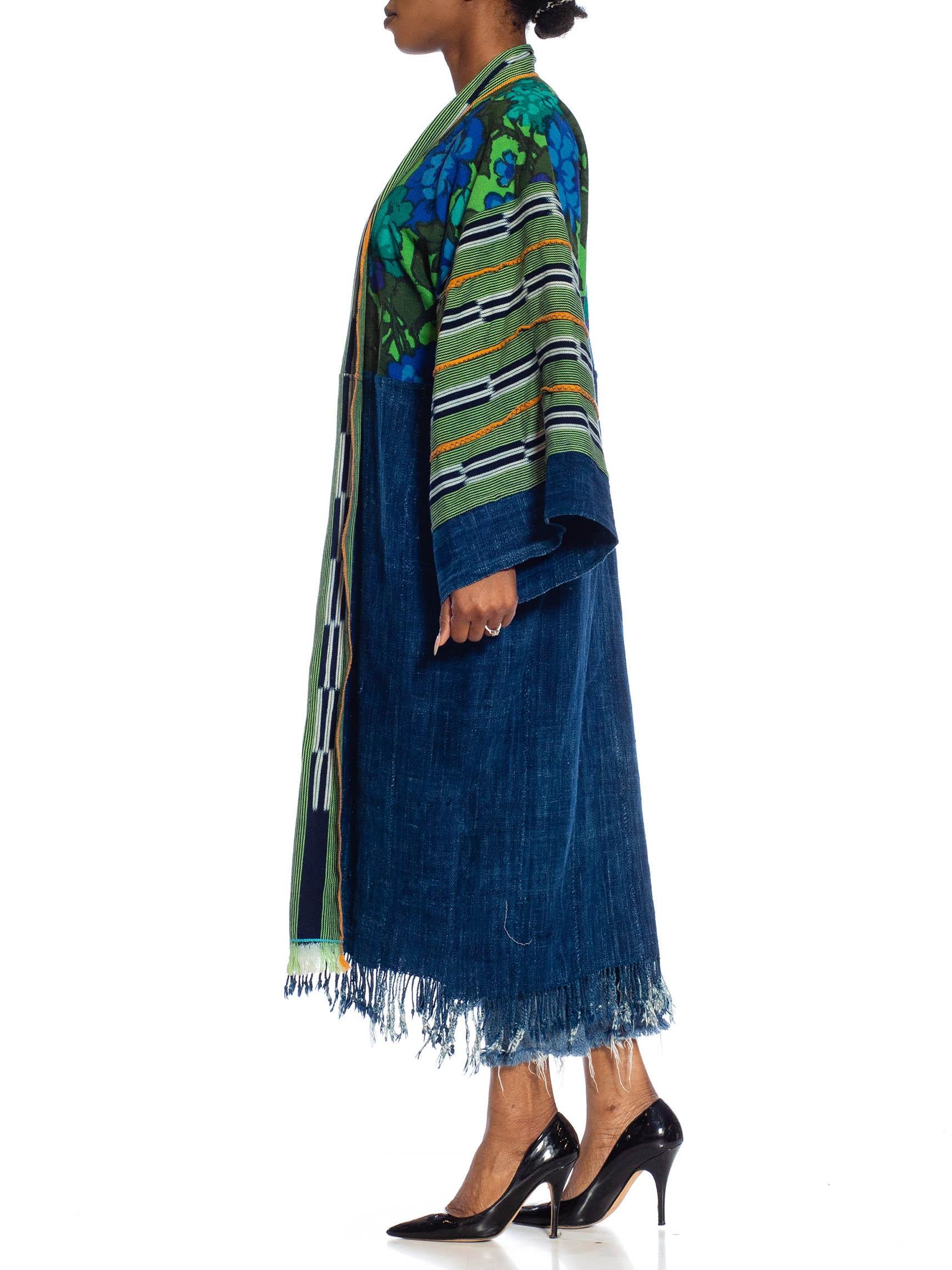MORPHEW COLLECTION Navy Blue & Green African Cotton Vintage 1960S Floral Duster 2
