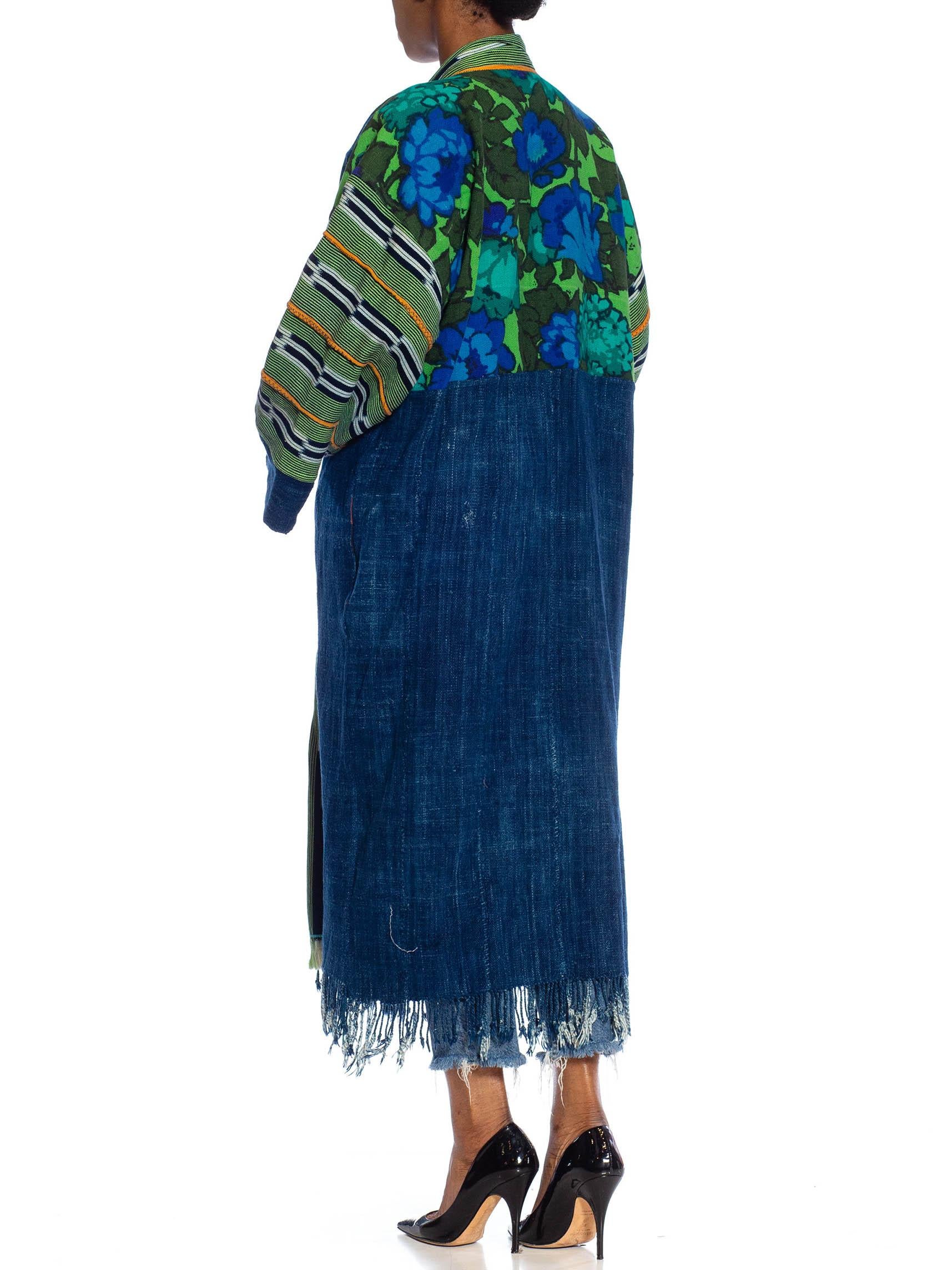 MORPHEW COLLECTION Navy Blue & Green African Cotton Vintage 1960S Floral Duster 3