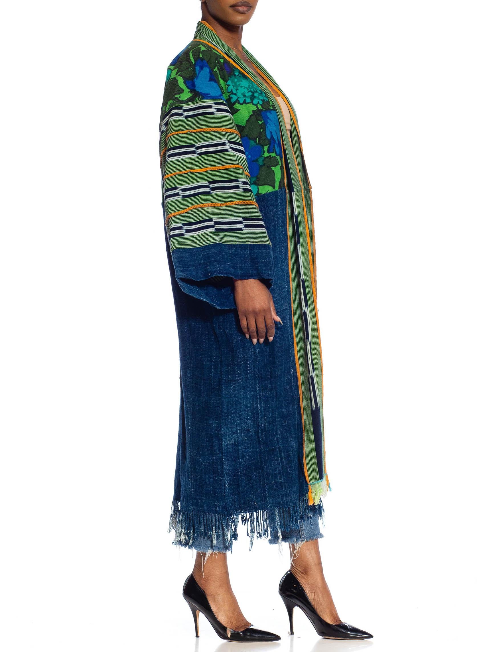 MORPHEW COLLECTION Navy Blue & Green African Cotton Vintage 1960S Floral Duster 4
