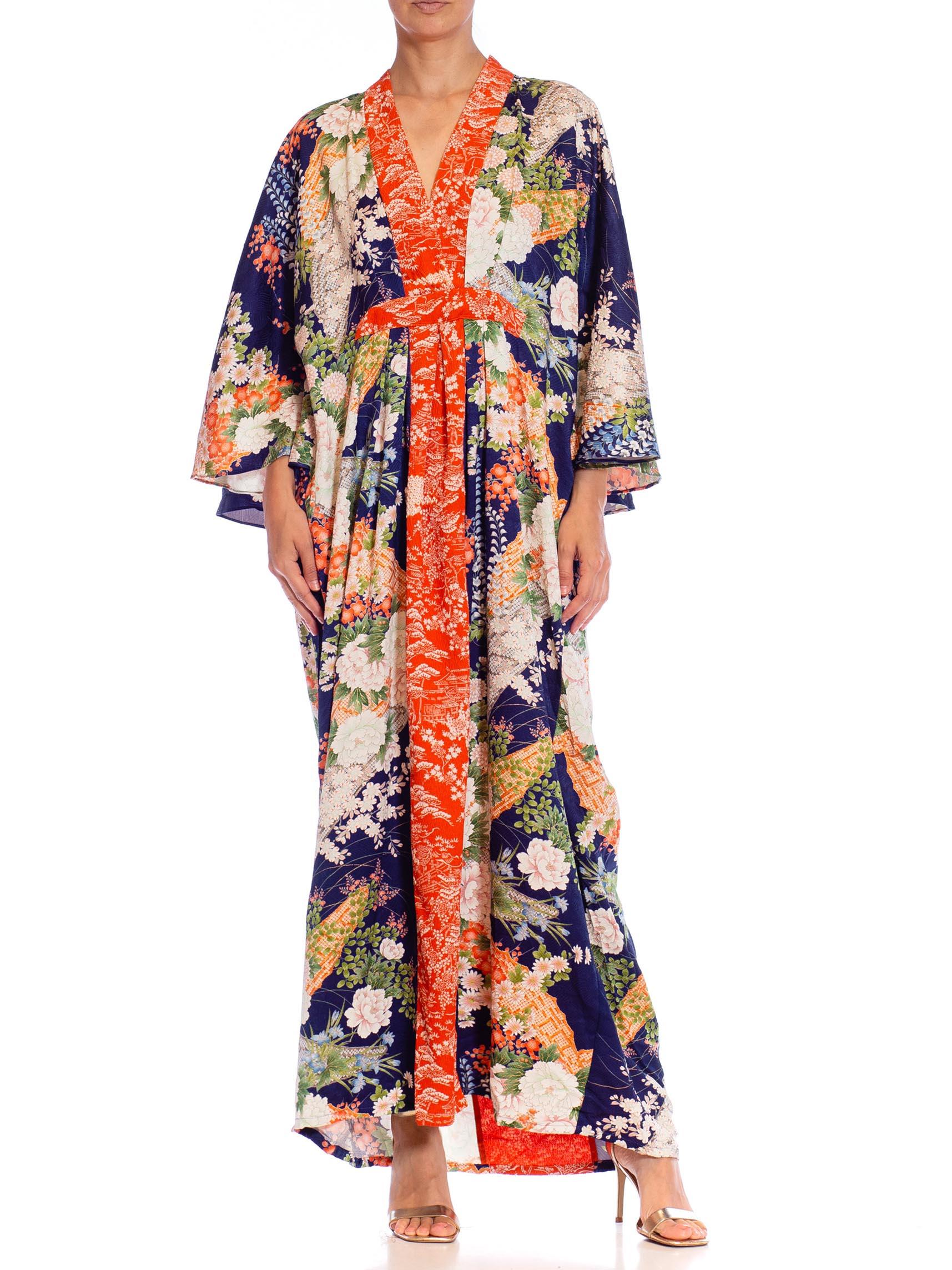 Beige MORPHEW COLLECTION Navy Blue Japanese Kimono Silk Floral Pattern Kaftan Orange  For Sale
