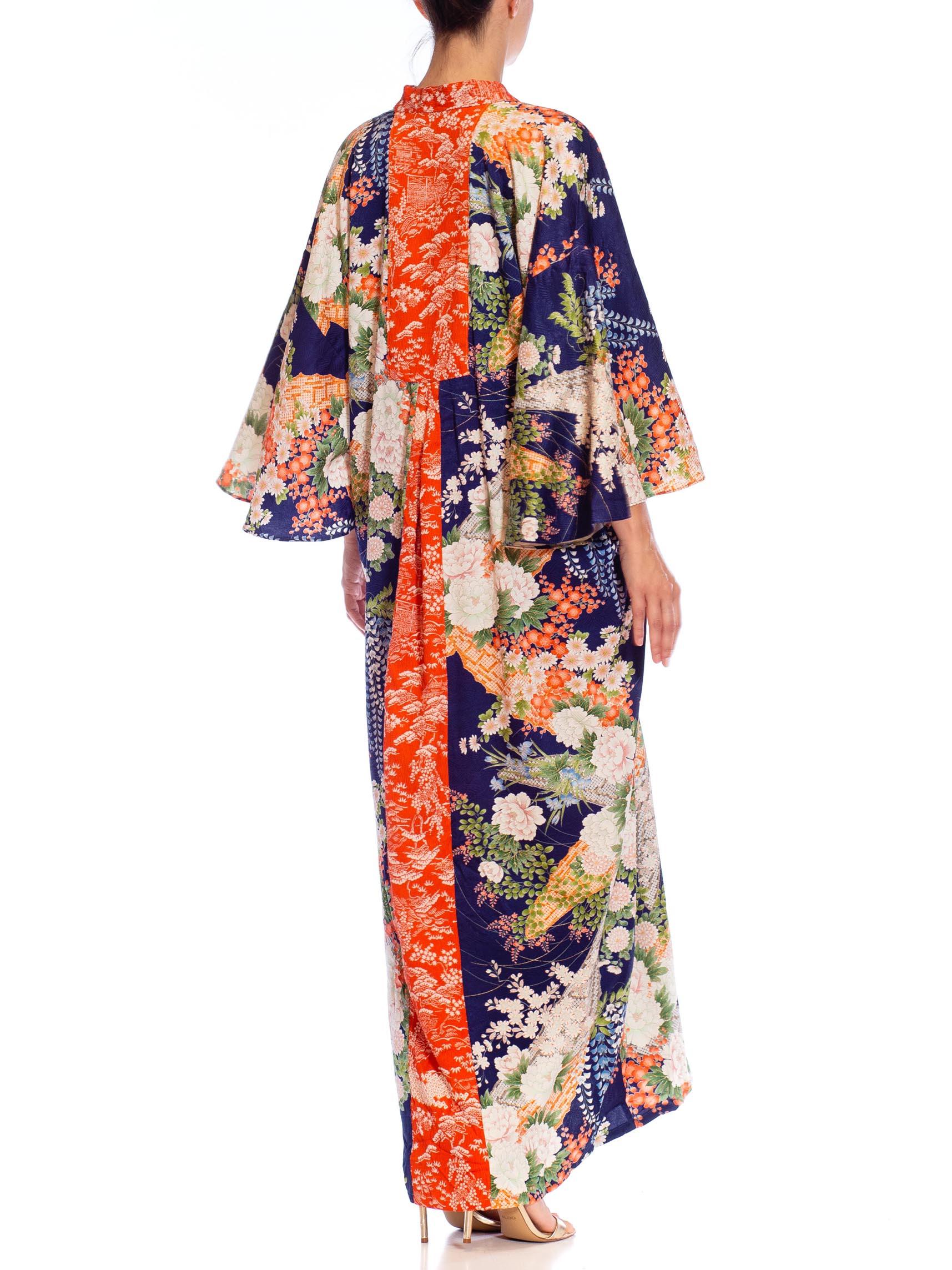 MORPHEW COLLECTION Navy Blue Japanese Kimono Silk Floral Pattern Kaftan Orange  In Excellent Condition For Sale In New York, NY