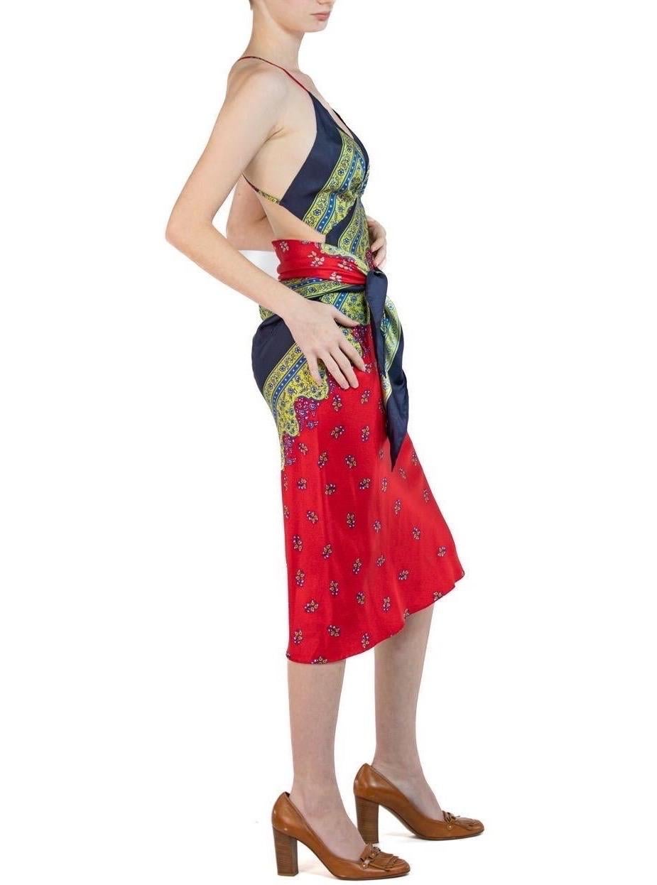 MORPHEW COLLECTION Navy Blue, Lime Green & Red Silk Twill Floral Ditsy Print Sc In Excellent Condition For Sale In New York, NY