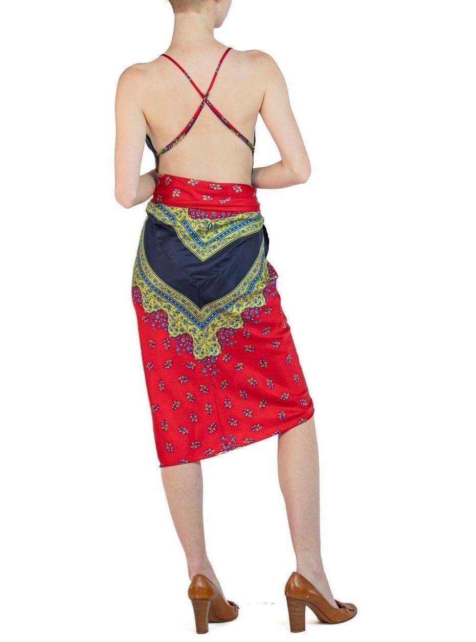 Women's MORPHEW COLLECTION Navy Blue, Lime Green & Red Silk Twill Floral Ditsy Print Sc For Sale