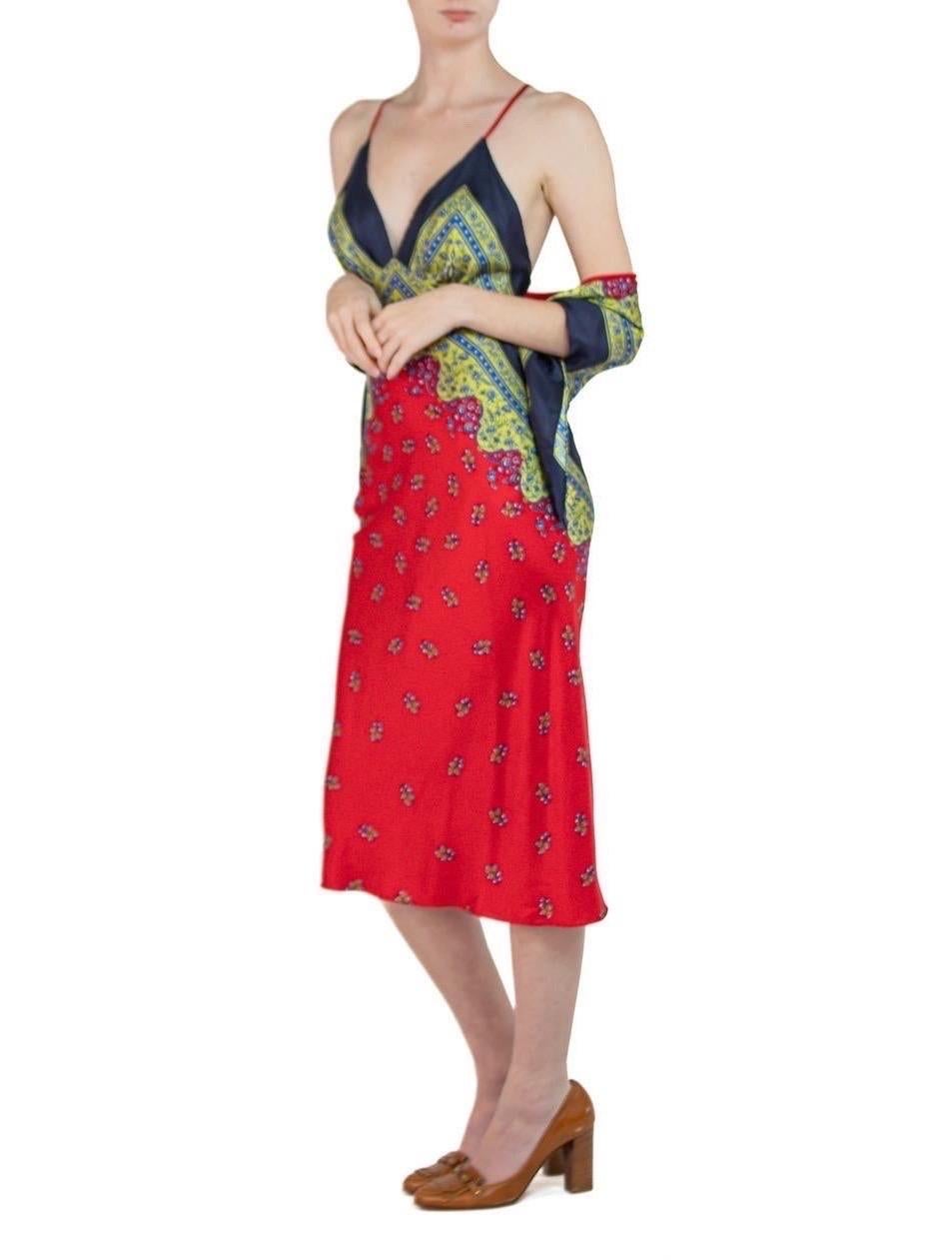 MORPHEW COLLECTION Navy Blue, Lime Green & Red Silk Twill Floral Ditsy Print Sc For Sale 1