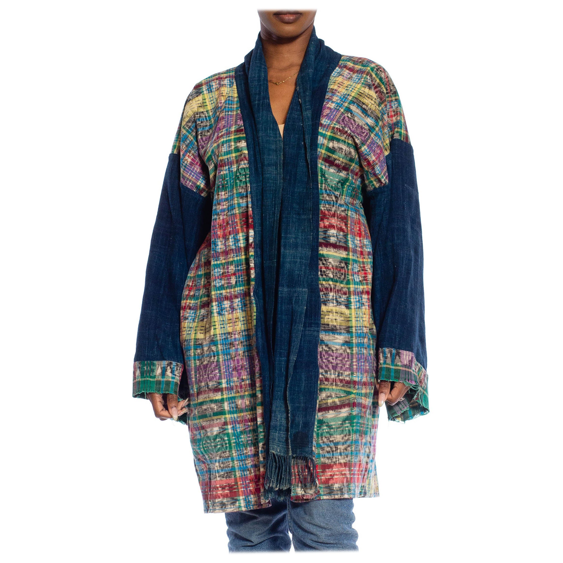 MORPHEW COLLECTION Blu Navy Multi Cotone africano e Ikat guatemalteco tessuto a mano in vendita