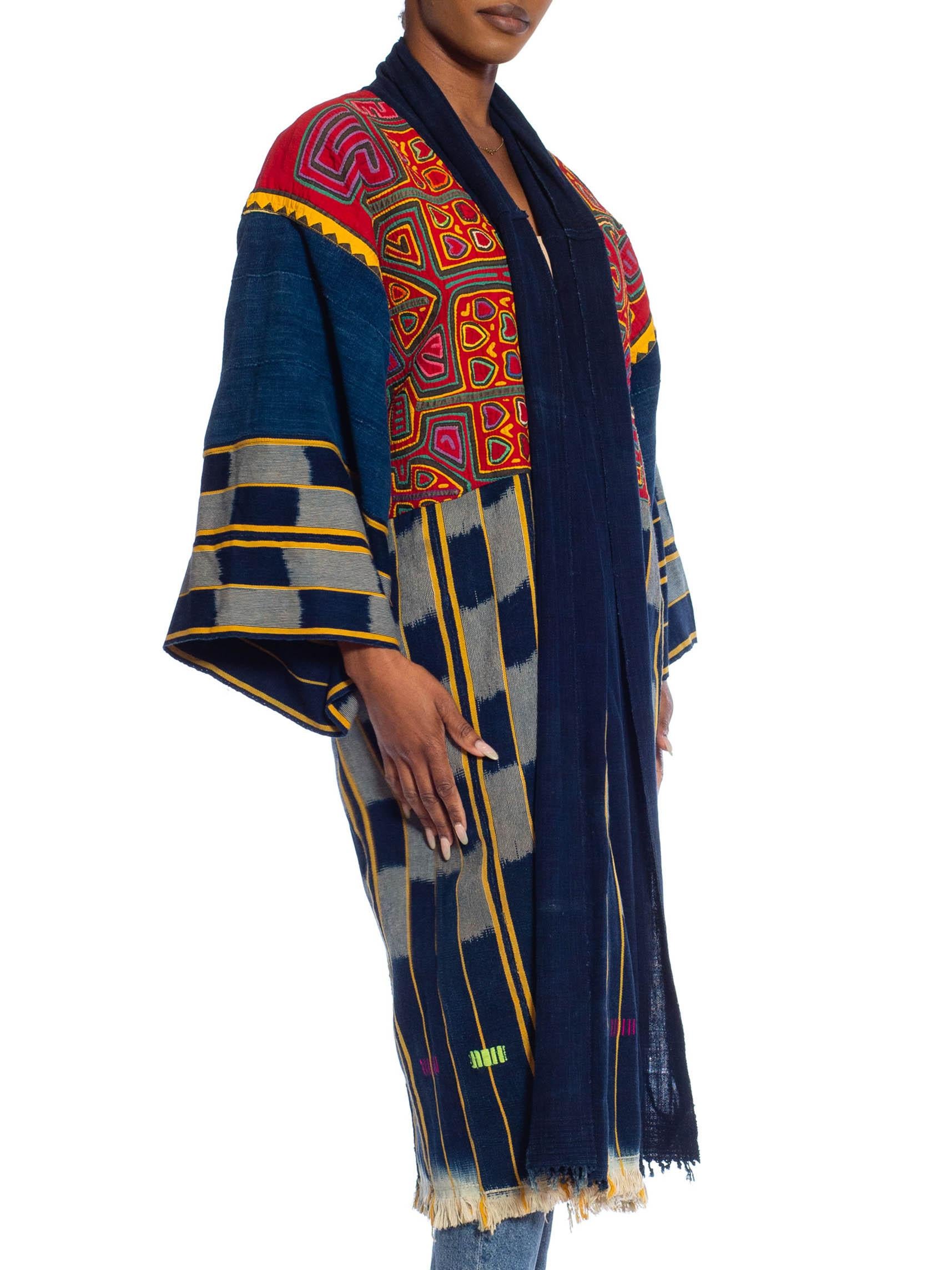 Black MORPHEW COLLECTION Navy Blue, Red & Orange African Cotton Indigo Duster With Ce