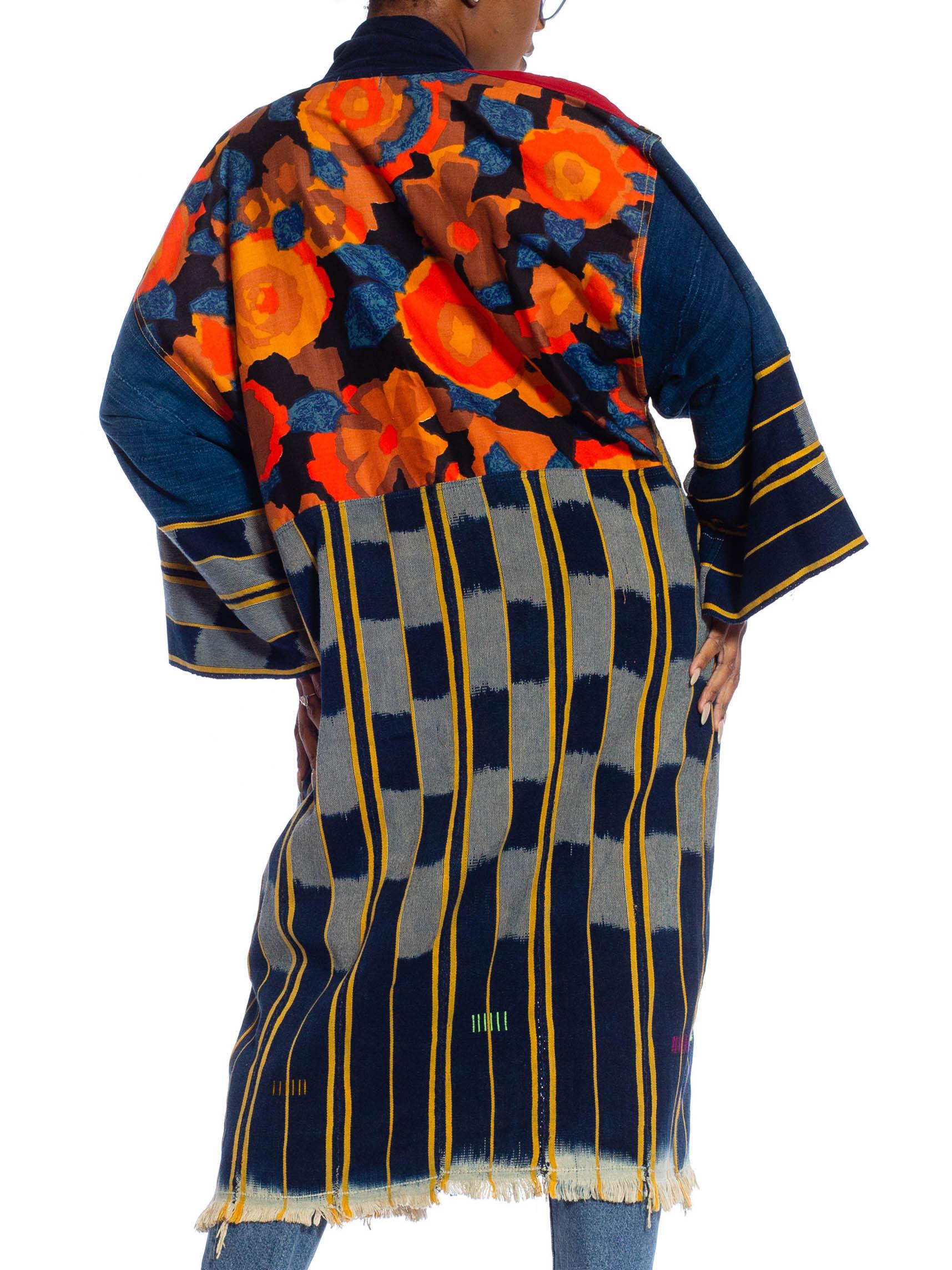 MORPHEW COLLECTION Navy Blue, Red & Orange African Cotton Indigo Duster With Ce In Excellent Condition In New York, NY