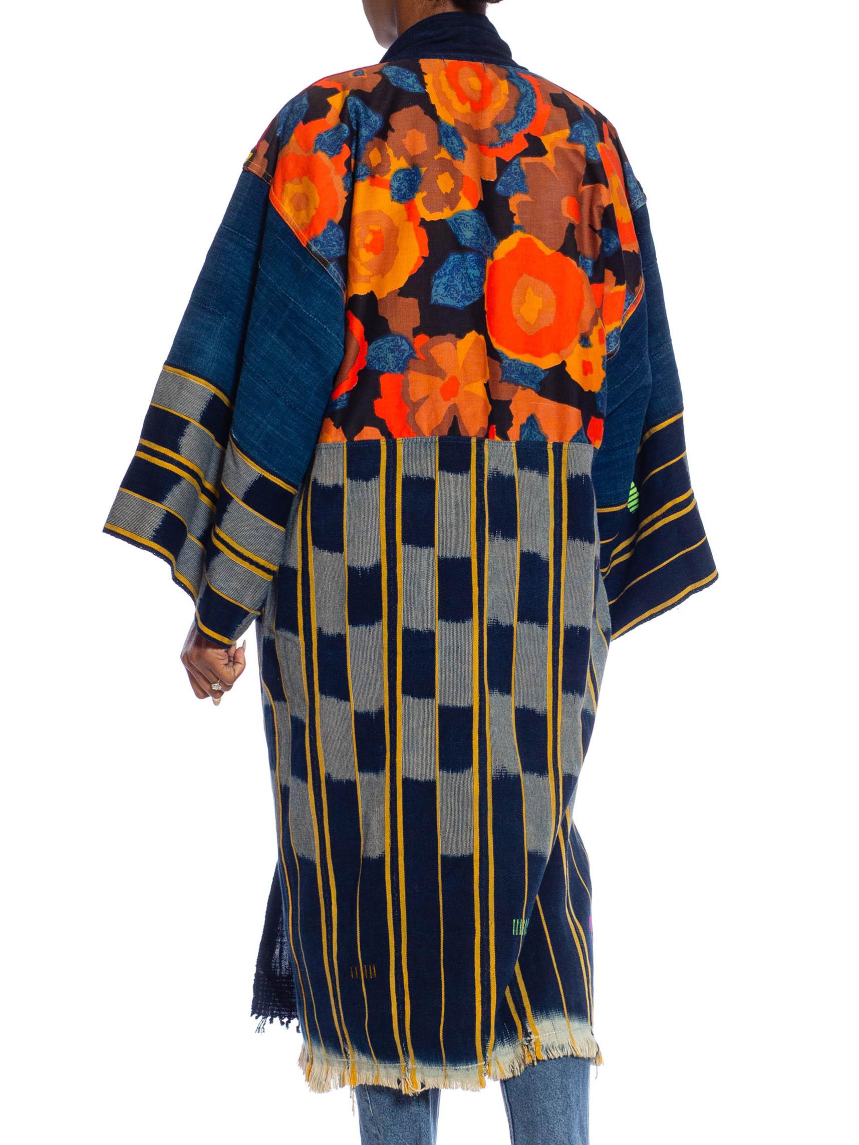 Women's or Men's MORPHEW COLLECTION Navy Blue, Red & Orange African Cotton Indigo Duster With Ce