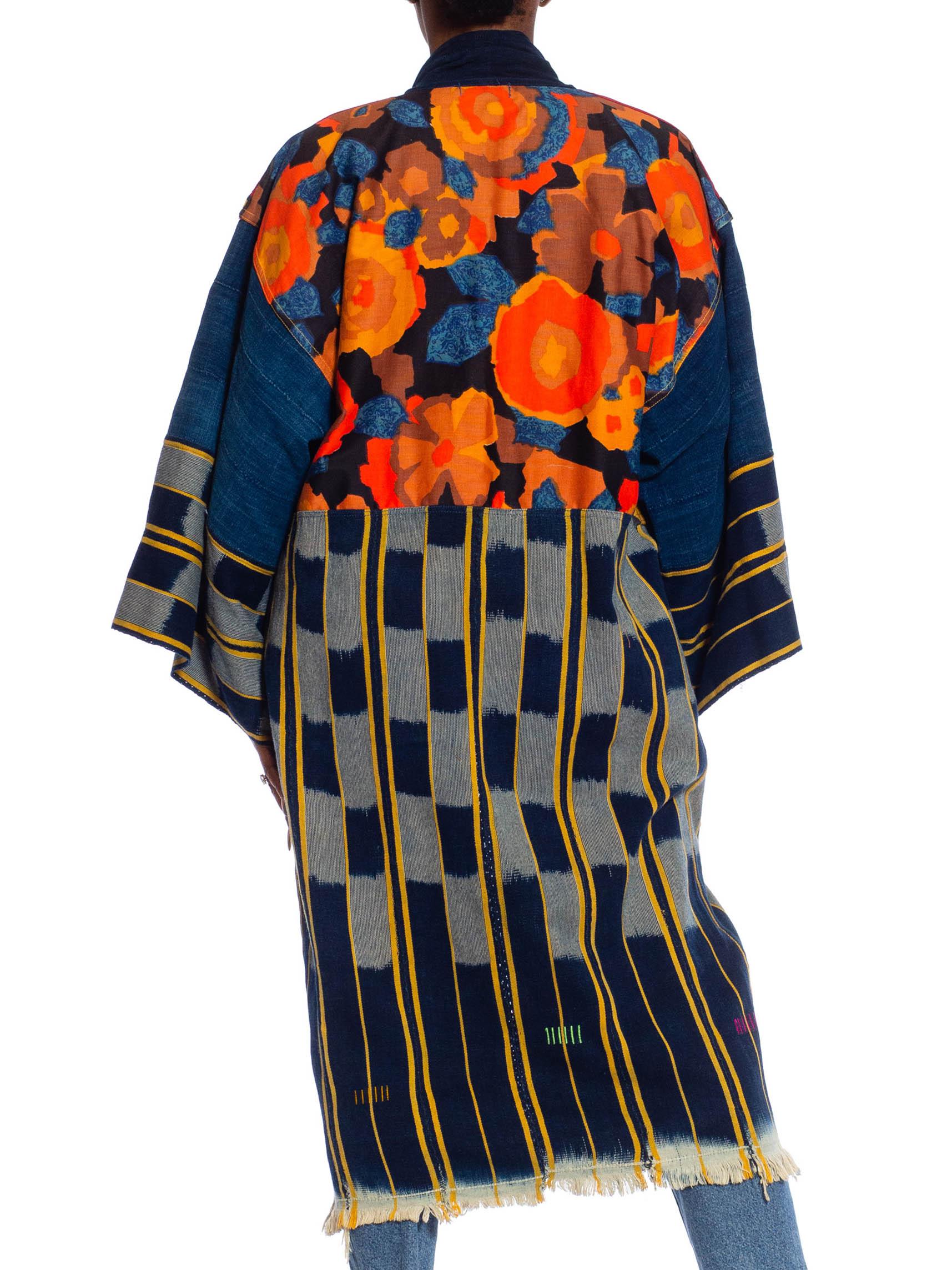 MORPHEW COLLECTION Navy Blue, Red & Orange African Cotton Indigo Duster With Ce 1