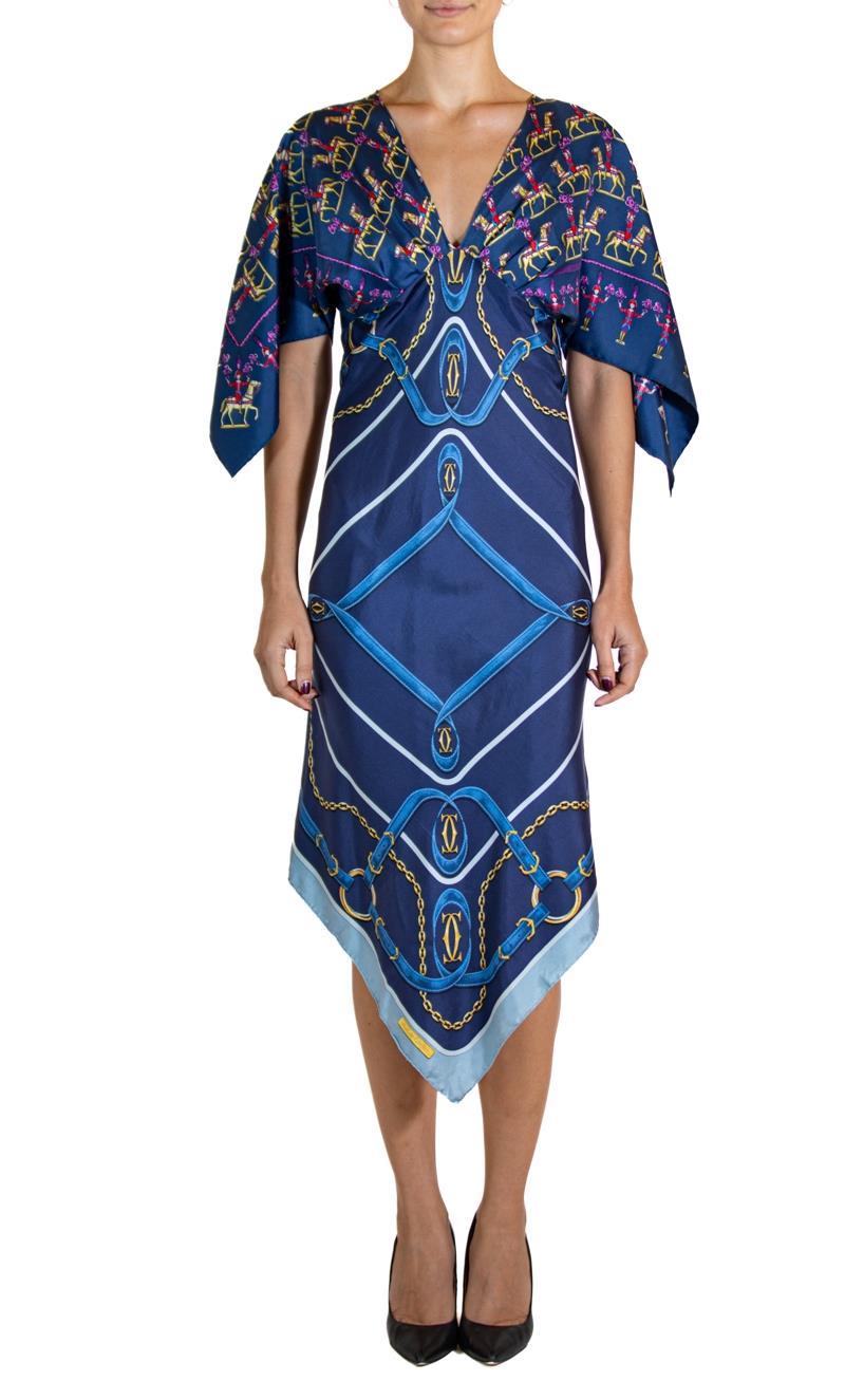 MORPHEW COLLECTION Navy Blue Silk Twill Hermes & Cartier 3-Scarf Dress Made From Vintage Scarves
MORPHEW COLLECTION is made entirely by hand in our NYC Ateliér of rare antique materials sourced from around the globe. Our sustainable vintage