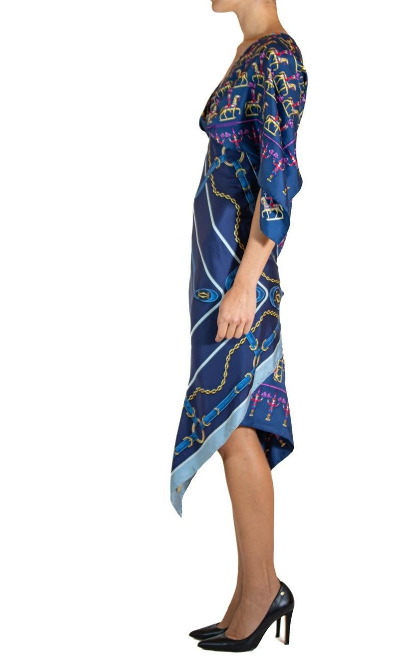 MORPHEW COLLECTION Navy Blue Silk Twill Hermes & Cartier 3-Scarf Dress Made Fro In Good Condition For Sale In New York, NY
