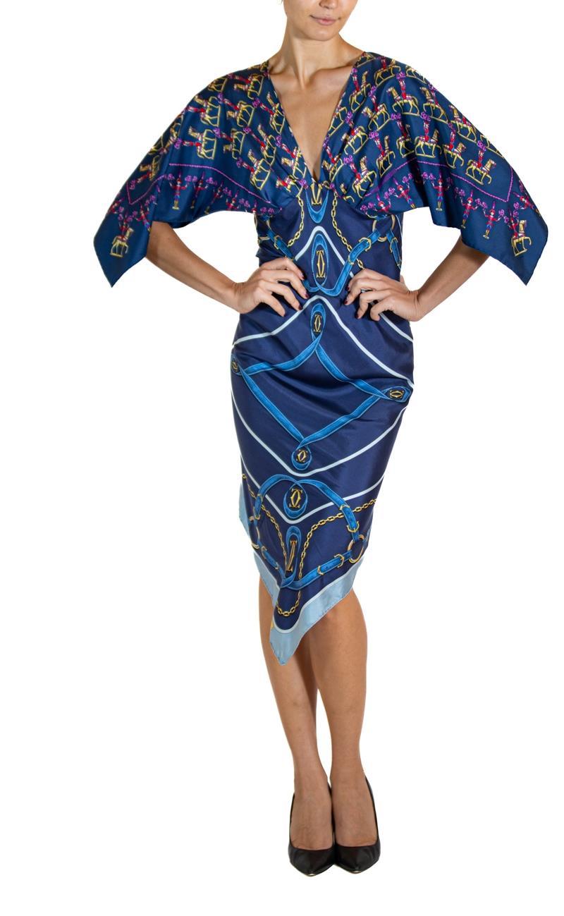 MORPHEW COLLECTION Navy Blue Silk Twill Hermes & Cartier 3-Scarf Dress Made Fro For Sale 1