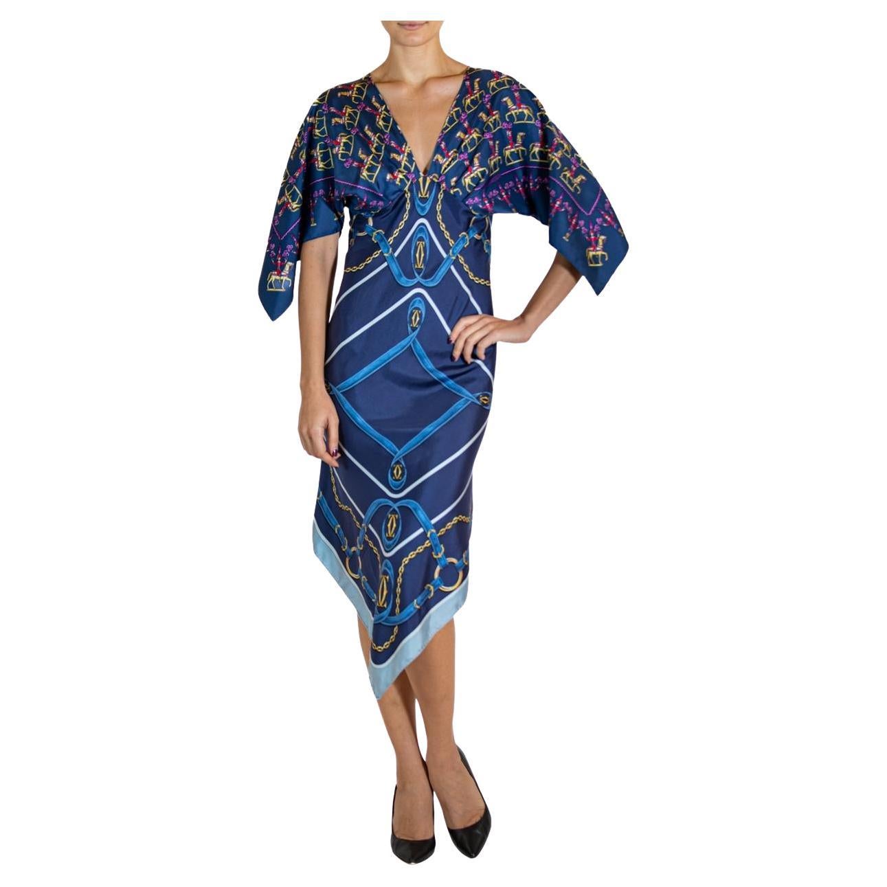 MORPHEW COLLECTION Navy Blue Silk Twill Hermes & Cartier 3-Scarf Dress Made Fro For Sale