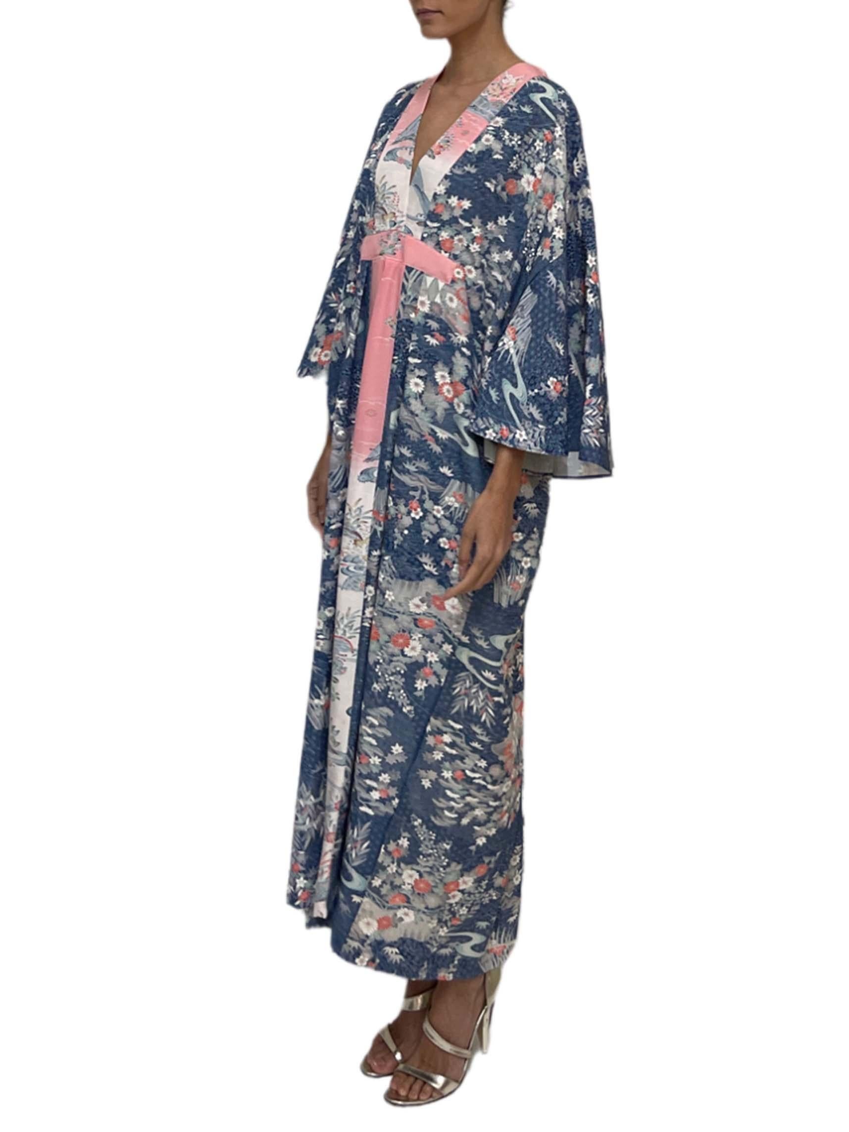 MORPHEW COLLECTION Navy Blue, White & Pink Floral Japanese Kimono Silk Kaftan In Excellent Condition For Sale In New York, NY